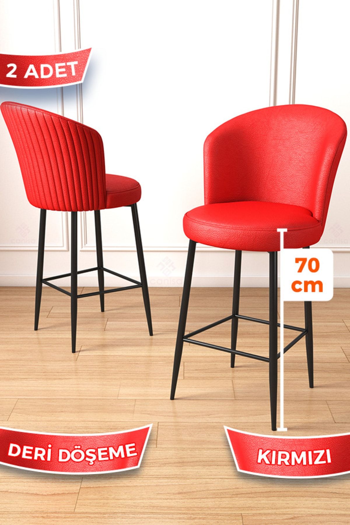 Canisa Concept Uras Serisi 2 Adet Kırmızı Deri Bar Sandalyesi Deri Ada Mutfak Sandalyesi Siyah Metal Ayaklı