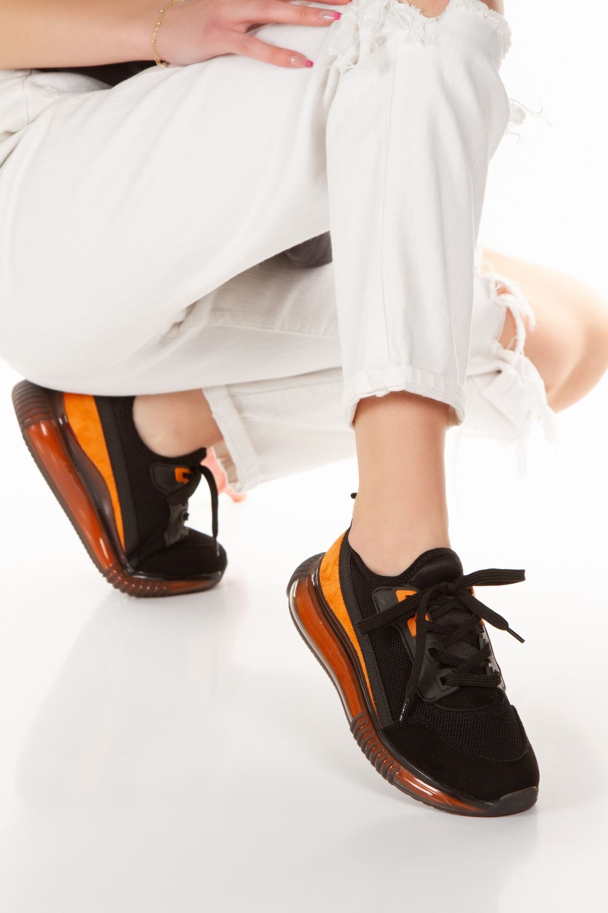 Limeo Turuncu Siyah Fileli Comfort Tabanlı Rahat Bağcıklı Günlük Kadın Sneaker Spor Ayakkabı