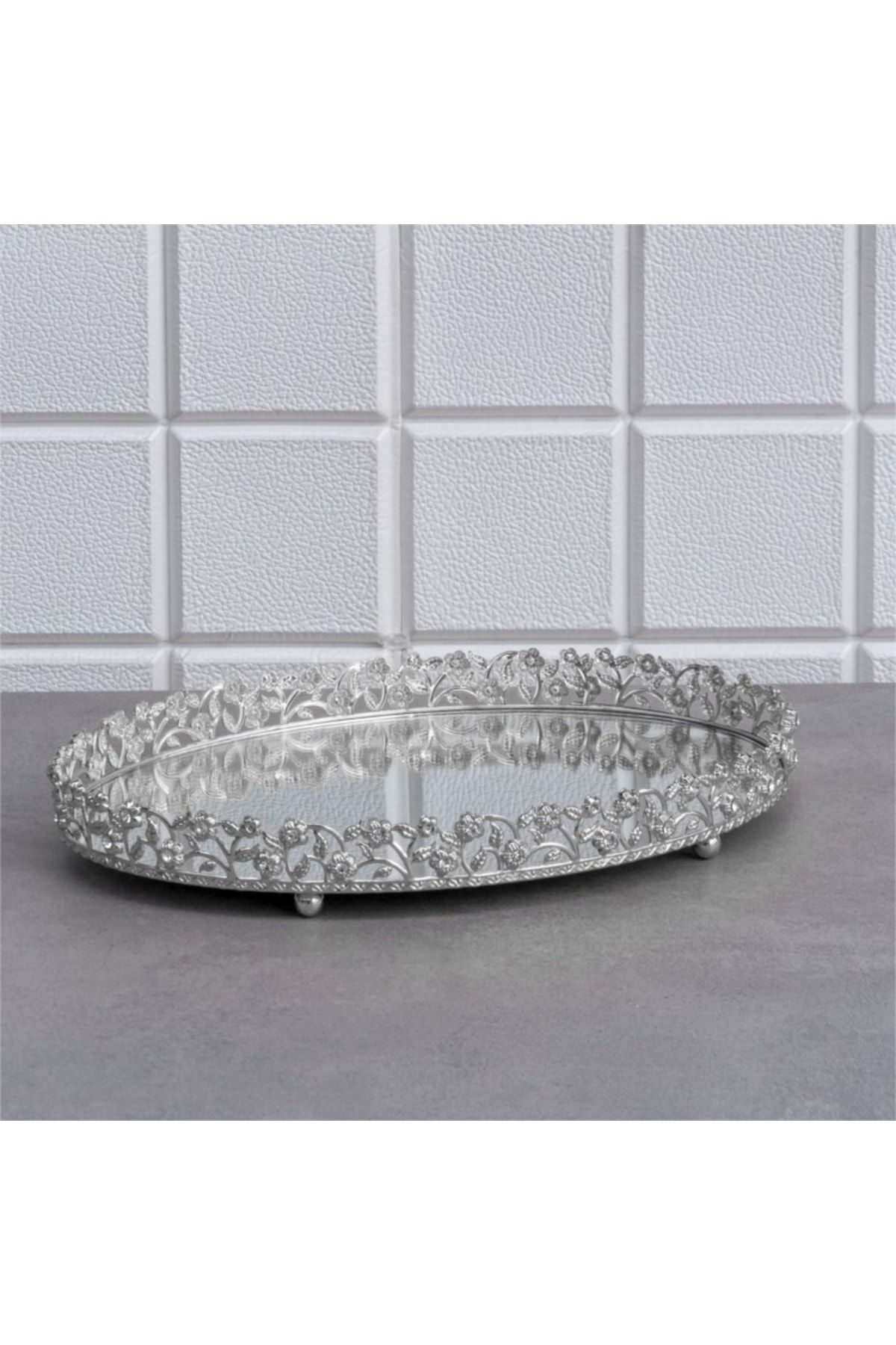 Zeyve Elmas Oval Jardinyer Taşlı Tepsi Aynalı Metal Kulpsuz Orta Sunumluk Gümüş