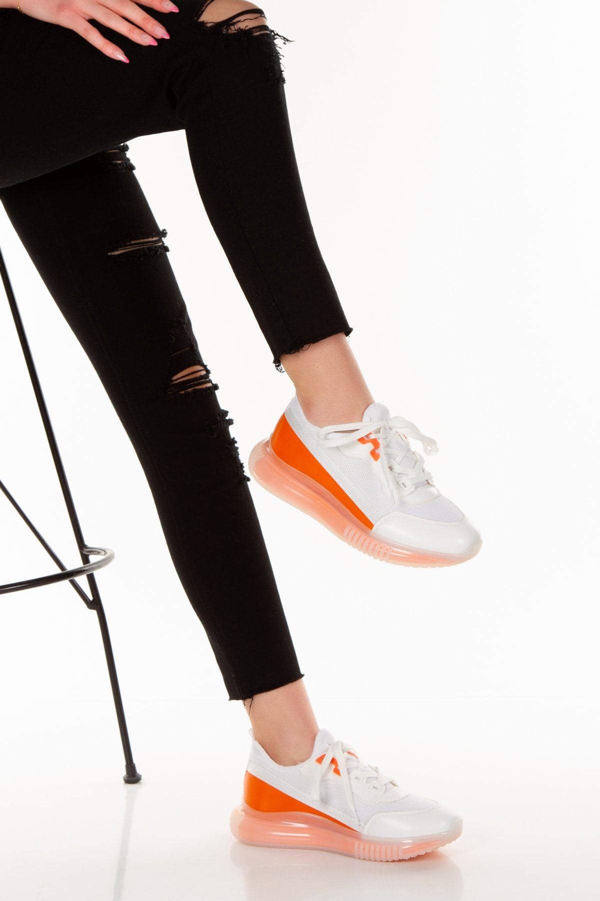 Limeo Turuncu Beyaz Fileli Comfort Tabanlı Rahat Bağcıklı Günlük Kadın Sneaker Spor Ayakkabı