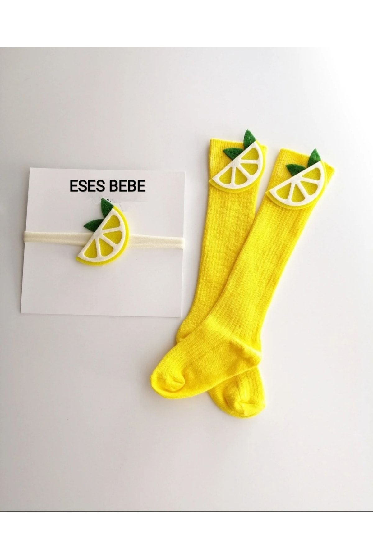 ESES BEBE Okul Çorabı Çocuk/bebek Limon Figürlü Diz Altı Çorap Ve Bandana Seti