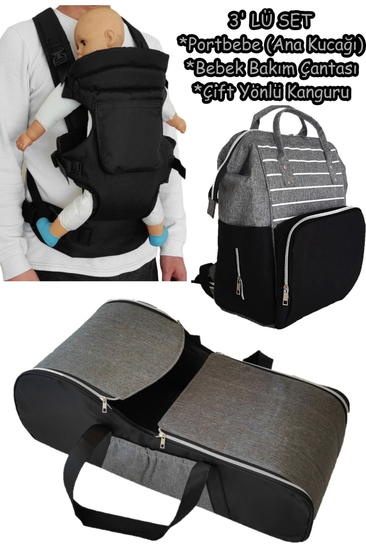 USF Portbebe Ana Kucağı + Bebek Taşıma Kanguru + Bebek Bakım Çantası 3'lü Set Çizgili Gri Siyah
