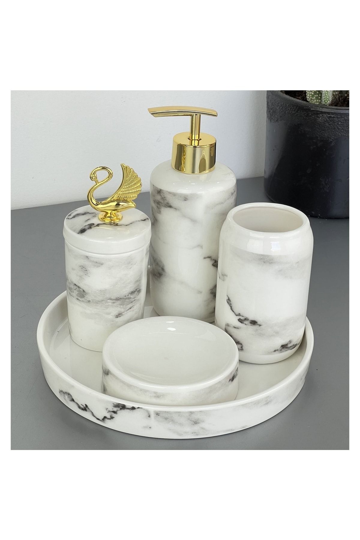 bazaragel Lüx Porselen 5 Parça Petri Mermer Desen Beyaz Banyo Seti