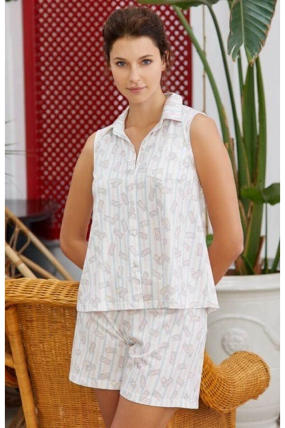 Eros Pijama Kadın Beyaz Eros Şortlu Gömlek Pijama Takımı  28680