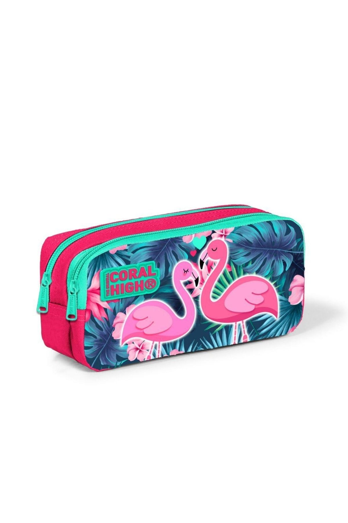 Coral High Kids Neon Mercan Su Yeşili Flamingo Desenli Iki Bölmeli Kalem Çantası 22295