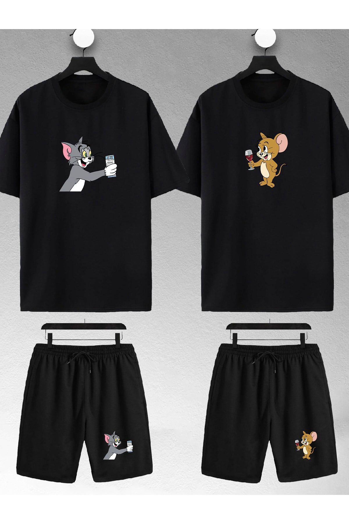 macklin Unisex Kadın Erkek Tom Ve Jerry Rakı Baskılı Sevgili Çift Kombini Tasarım Oversize Tshirt Ve Şort