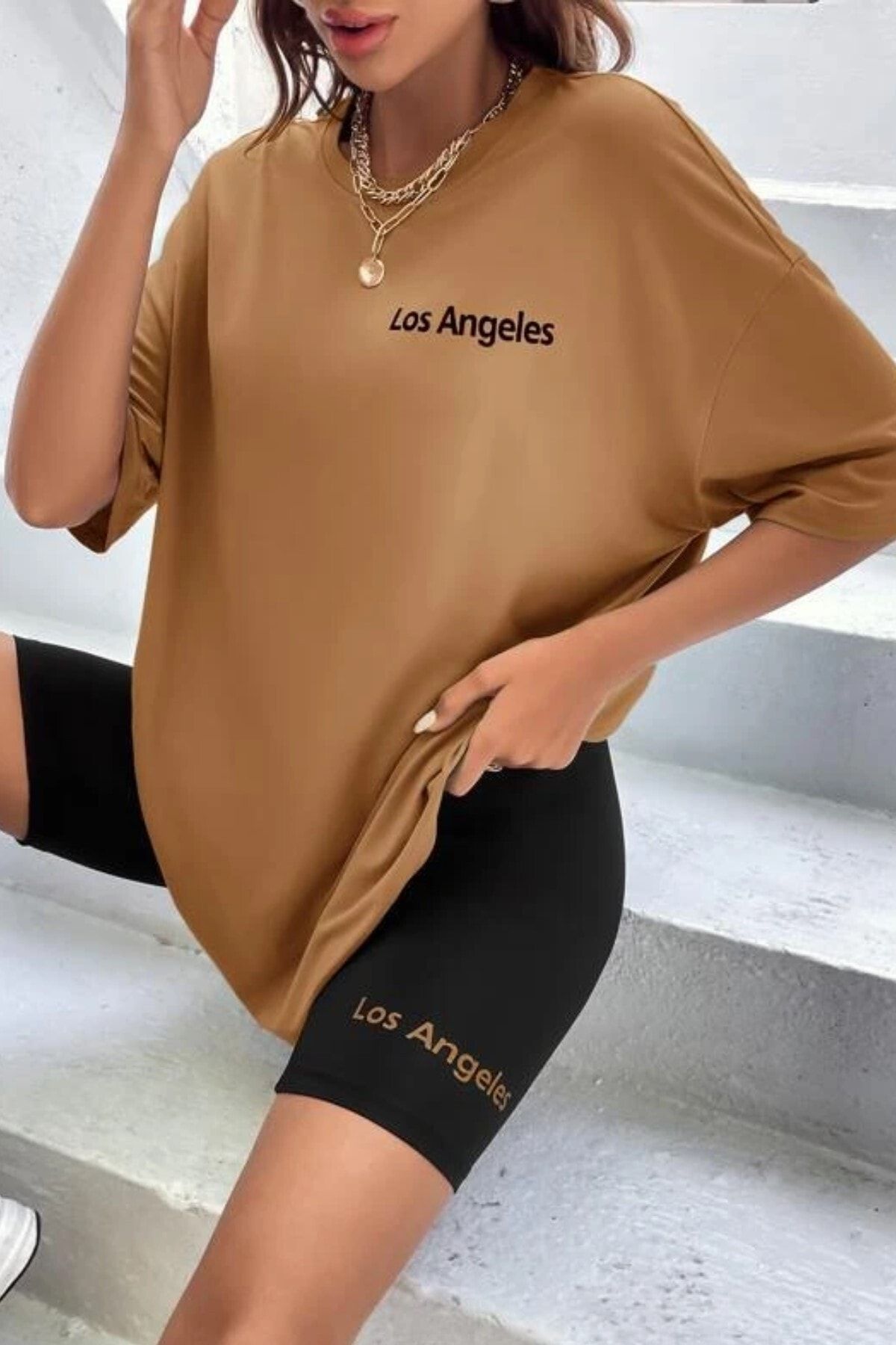 MODAGEN Kadın Oversize Kahverengi Baskılı Tshirt-tayt Takım