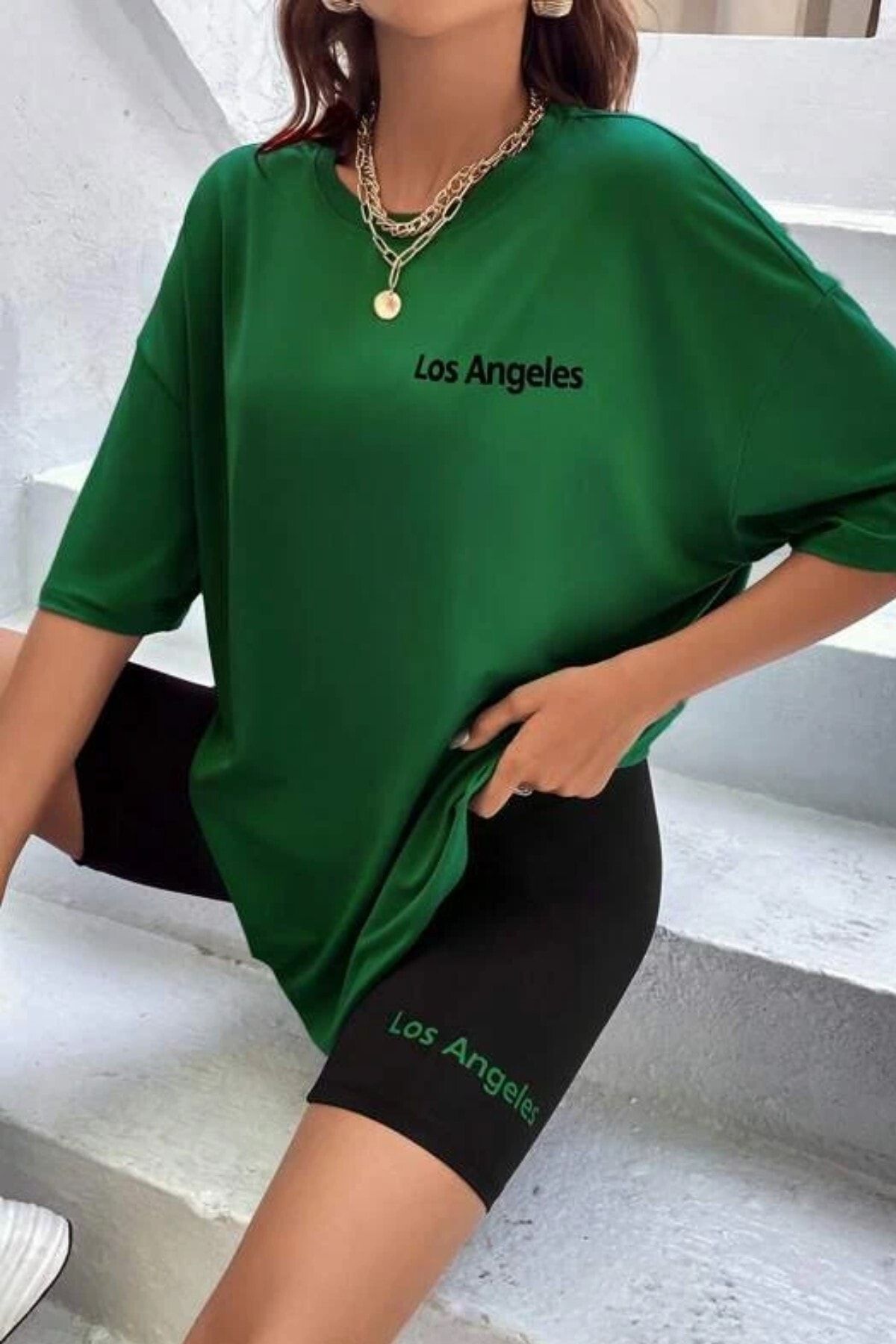 MODAGEN Kadın Oversize Yeşil Baskılı Tshirt-tayt Takım