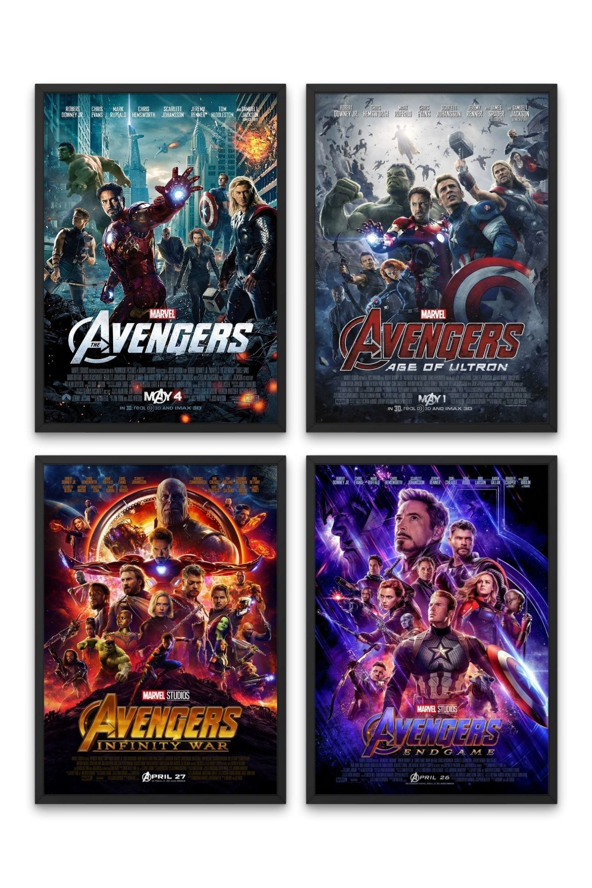 NOKEM The Avengers Serisi, 4'lü Set Çerçeveli Duvar Tabloları, Marvel, Dizi Film K.