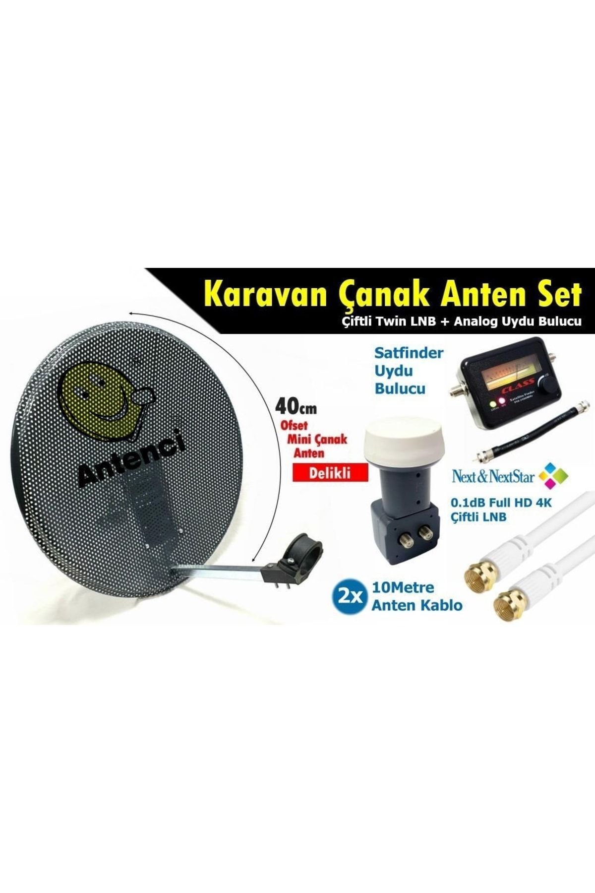 Antenci 40cm Delikli Karavan Çanak Anten Seti Çiftli Lnb +analog Uydu Bulucu