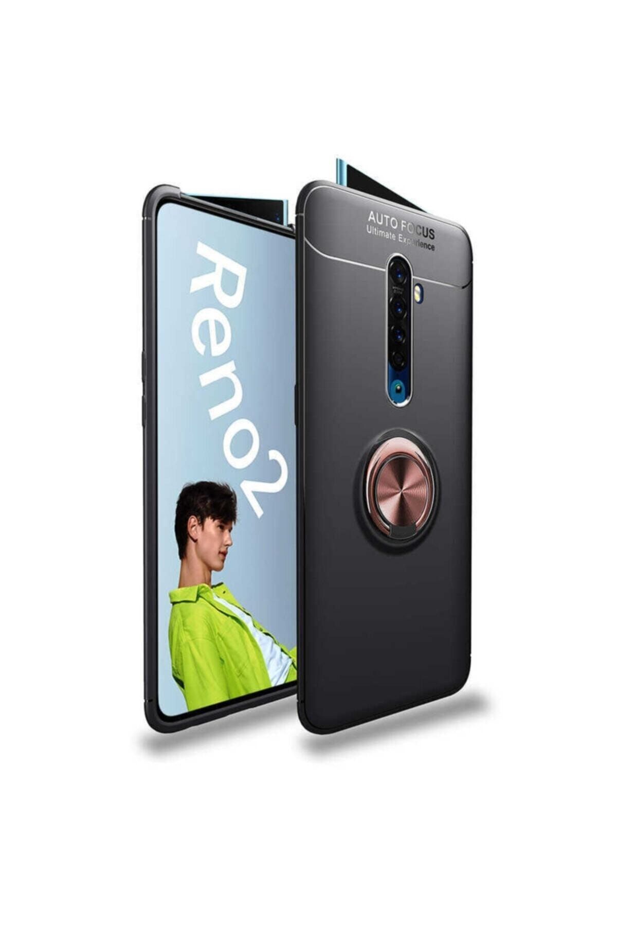Dolia For Oppo Reno 2z Yüzüklü Standlı Silikon Kılıf Siyah/rose Gold Nano Ekran Koruyucu