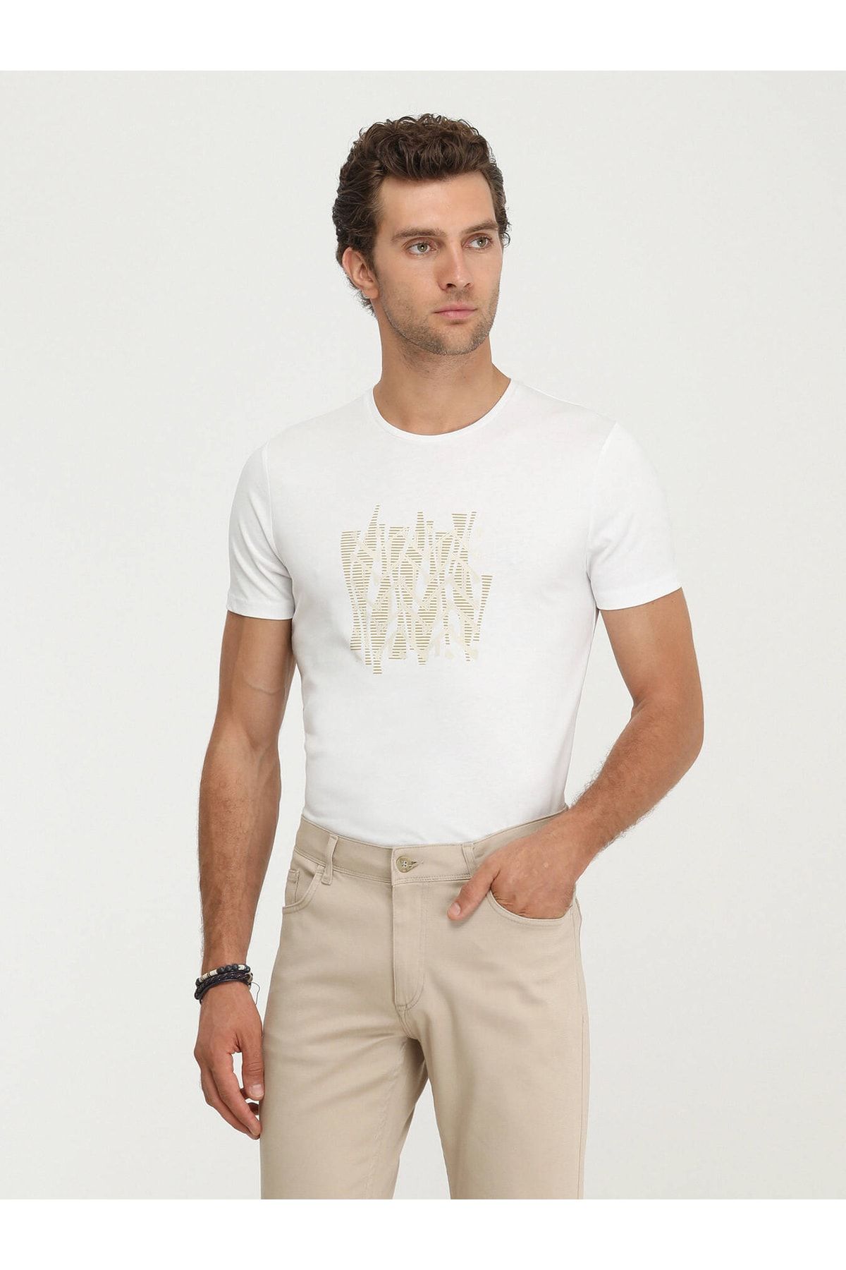 Kip Sıfır Yaka Baskılı Beyaz Erkek %100 Pamuk T-shirt Tsh-1359