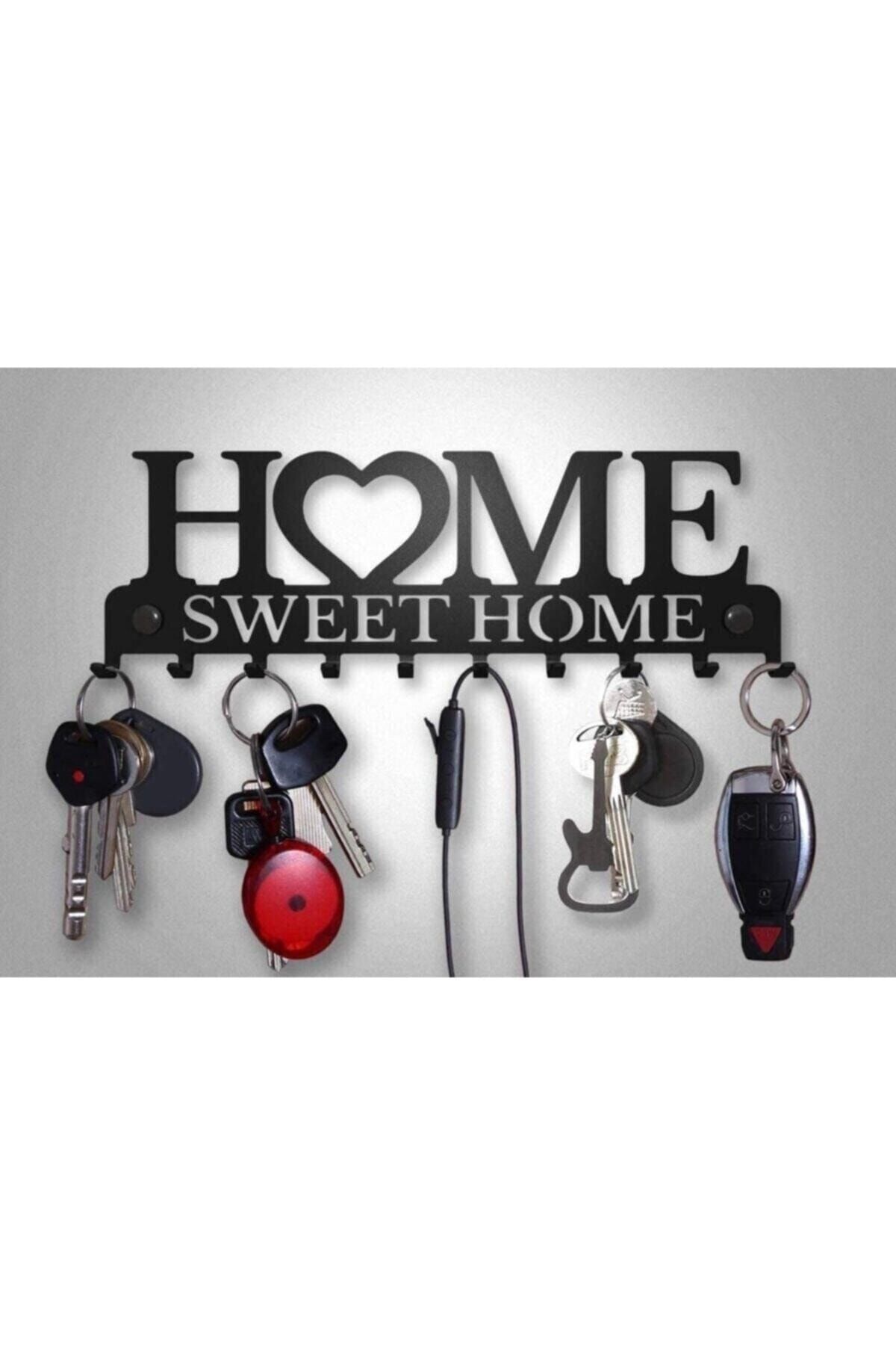 thorqtech Home Sweet Home Yazı Desenli Dekoratif Metal Askılık Duvar Tipi Siyah