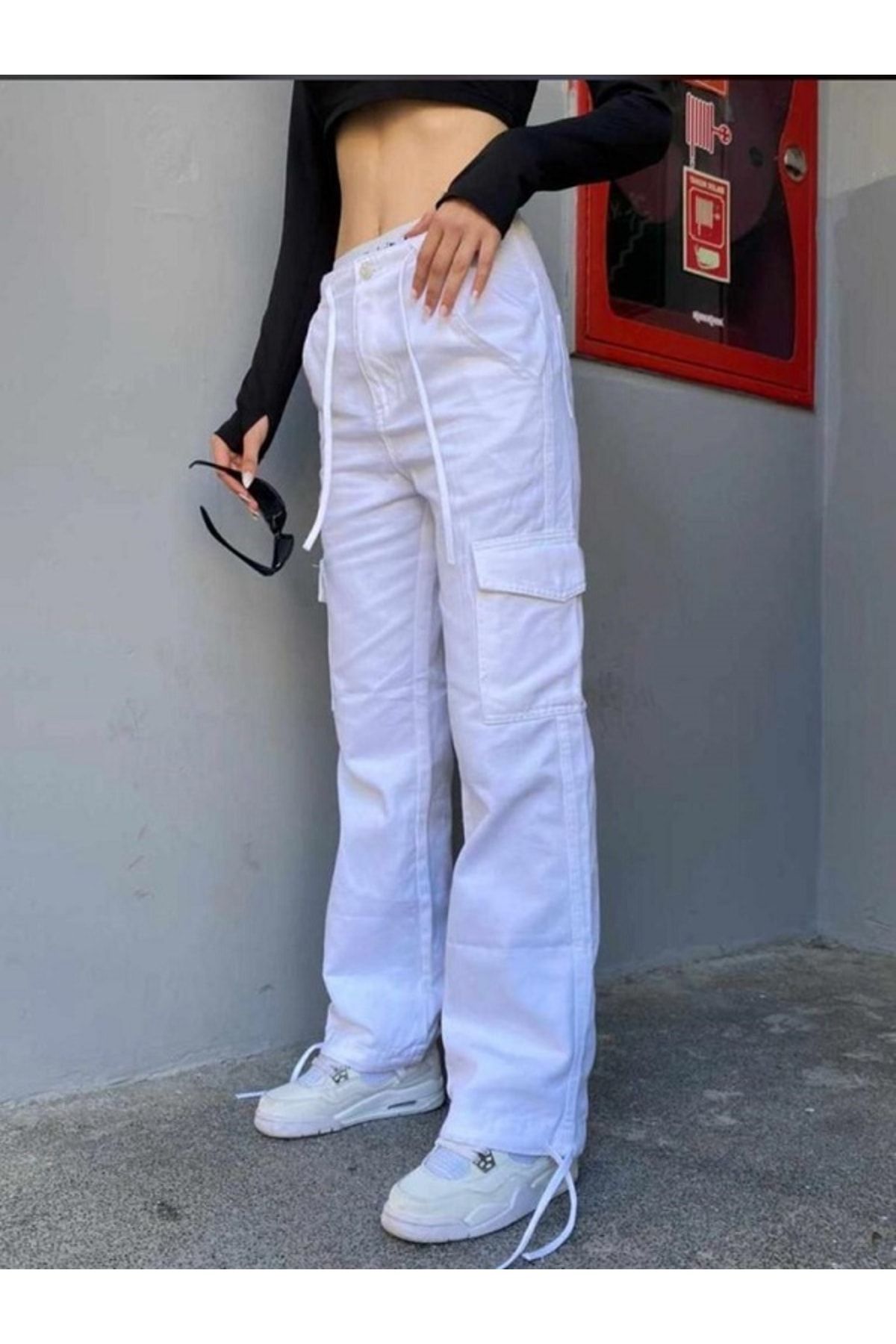 Gofeel Çift Cepli Düğme Beyaz Kargo Detay Bel Paça Ipli Cep Unisex Pantolon