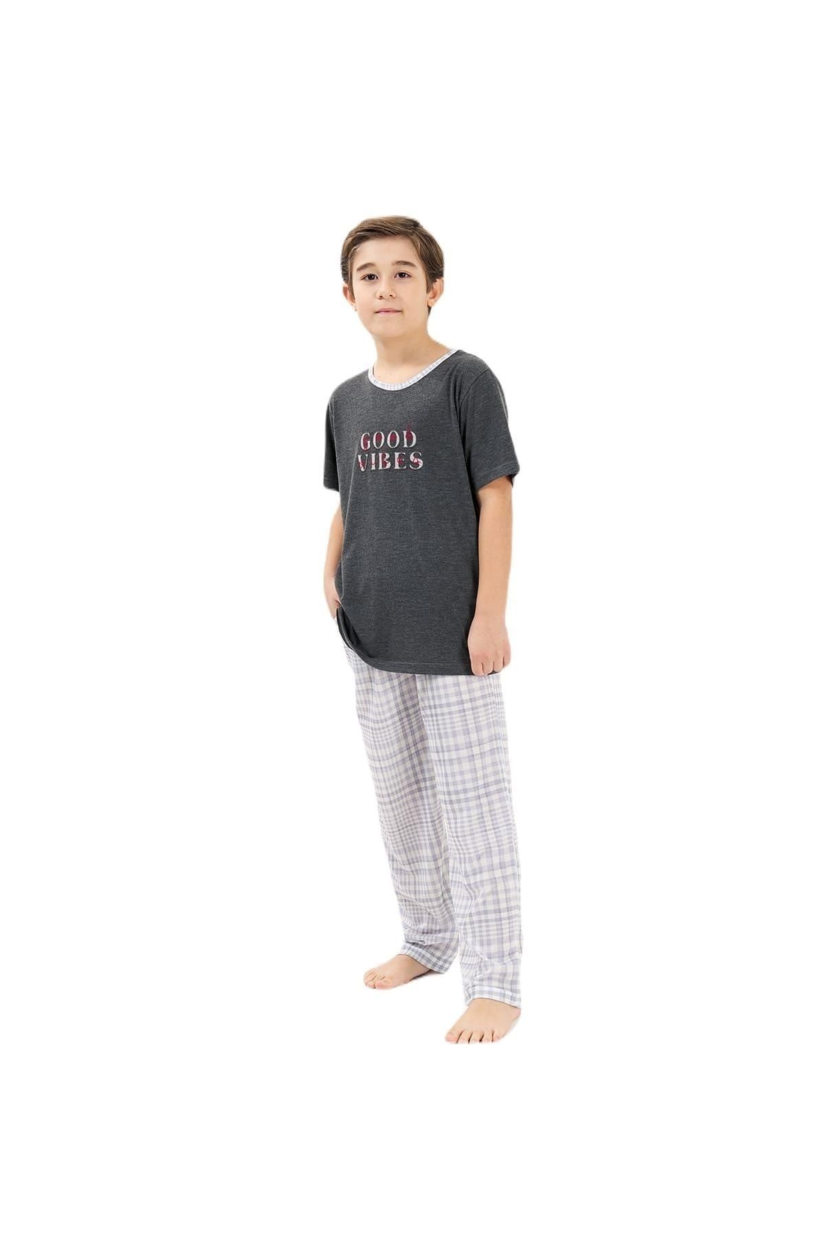 Yeni İnci Kısa Kollu Ekose Erkek Çocuk Pijama Takım Cep341