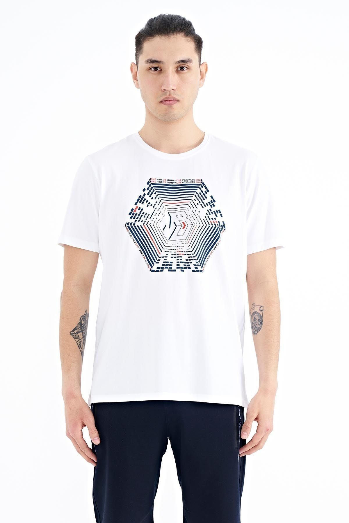TOMMY LIFE Beyaz Desen Baskılı Standart Kalıp Erkek T-shirt - 88231