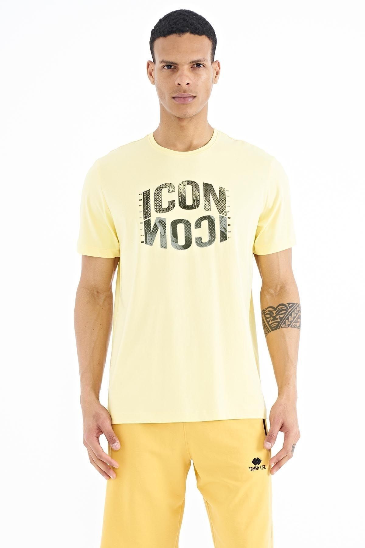 TOMMY LIFE Sarı Yazı Baskılı O Yaka Standart Kalıp Erkek T-shirt - 88174
