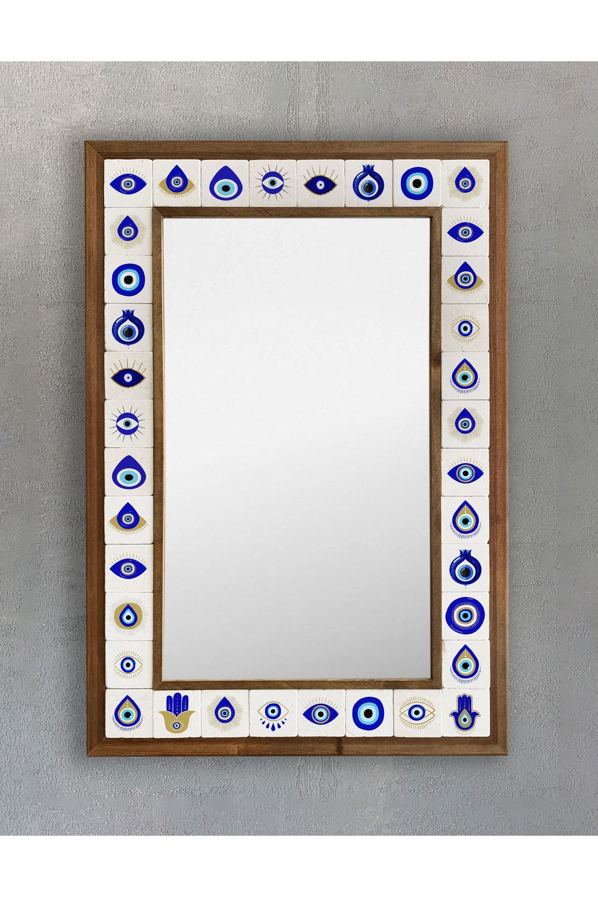 Oscar Stone Decor Masif Çerçeveli Mozaik Taş Doğal Mermer Ayna 43 cm x 63 cm Nazar Göz Temalı