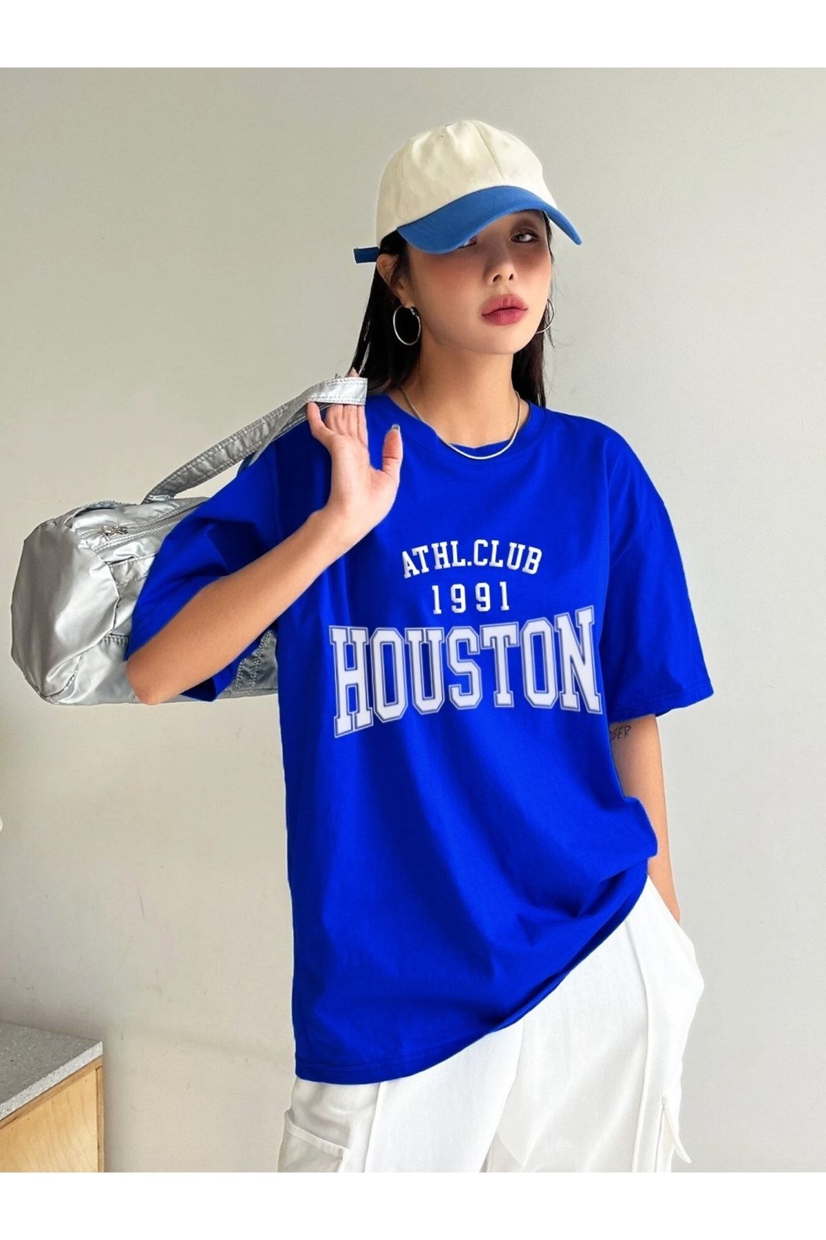 MOONBULL Oversize Saks Houston Baskılı Kadın T-shirt