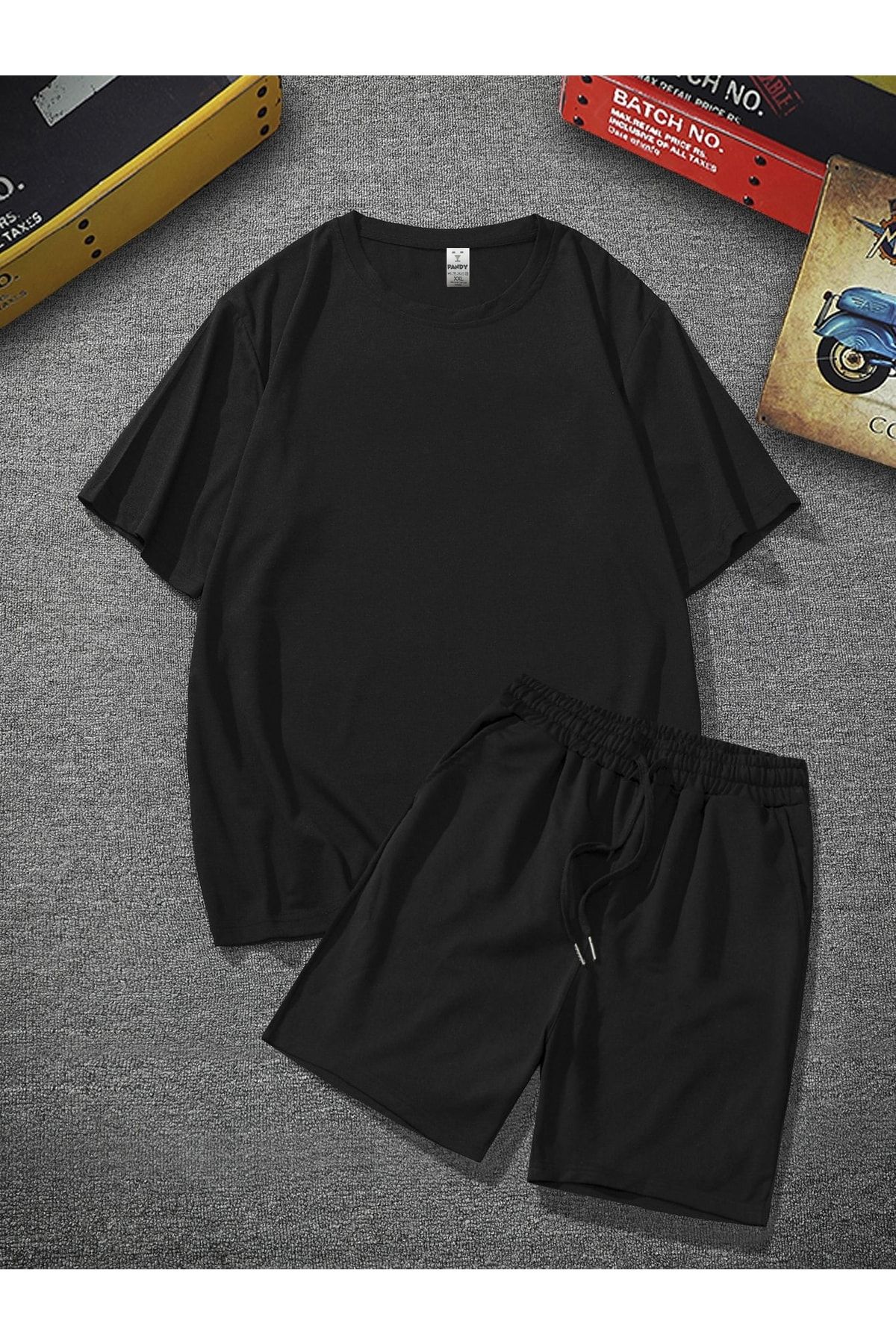 pandy Unisex Siyah Oversize Bol Kalıp T-shirt Şortlu Alt Üst Ikili Takım