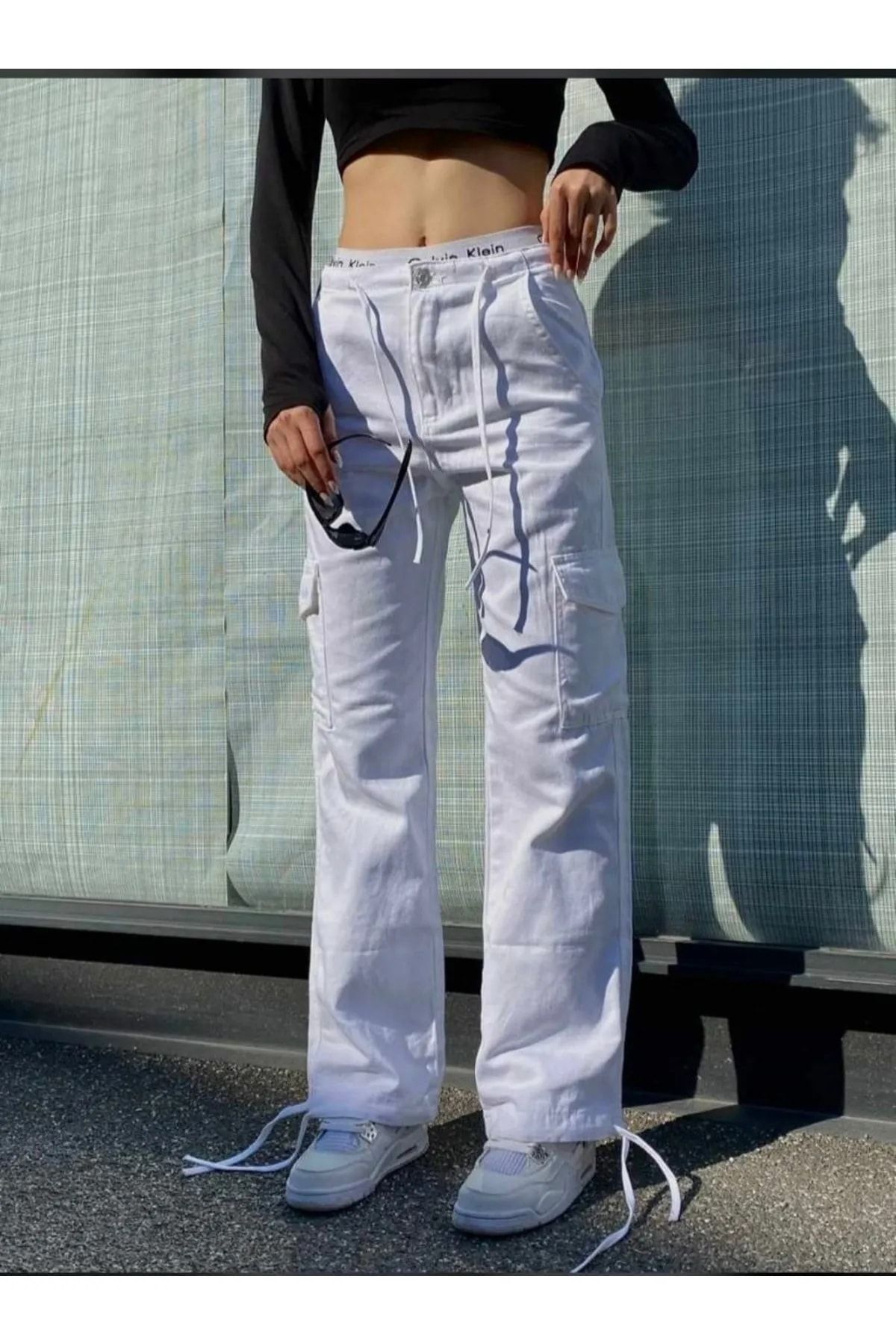Gofeel Harajuku Fashion Cargo Pocket Britli Beyaz Renk Tracksuit Pantolon