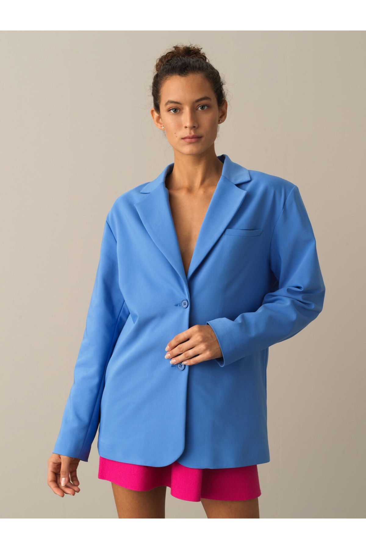 Xint Kadın Nehir Mavisi Pamuklu Oversize Uzun Blazer Ceket