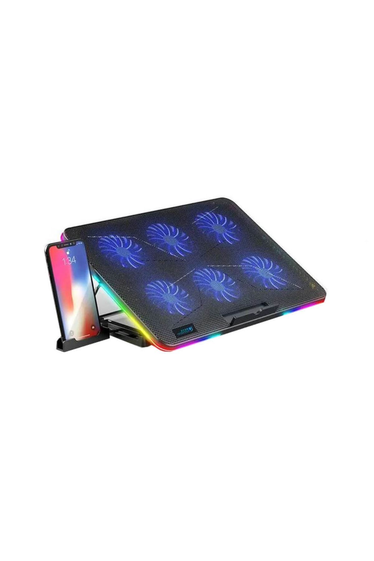 WOZLO Oyuncu Gaming Rgb Laptop Notebook Soğutucu Stand 6 Fanlı 7 Yükseklik Ayarlı Telefon Tutuculu