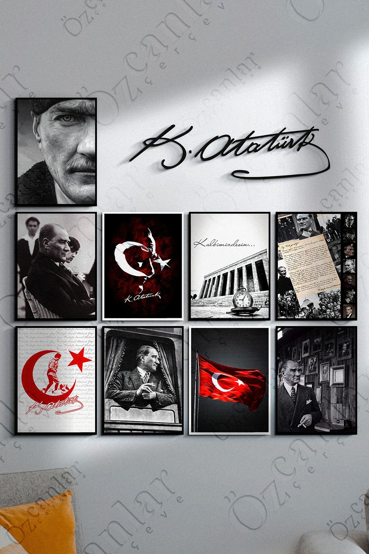ÖZCANLAR ÇERÇEVE Atatürk Çerçevesiz Çerçeve Görünümlü Atatürk Fotoğrafları 10 Parça Mdf Tablo Seti Atatürk Imzası