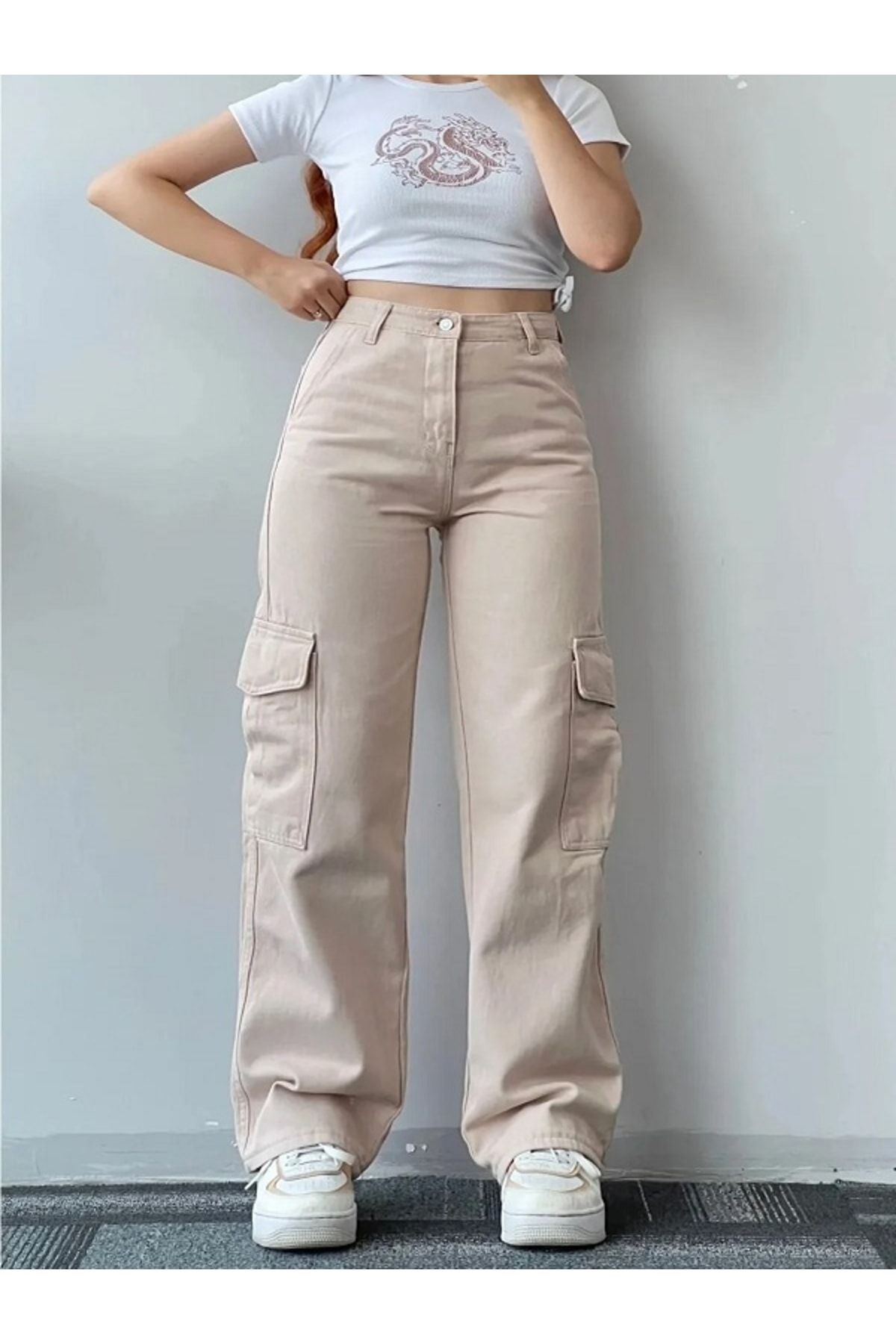 Gofeel Penelope Bej Renk Kargo Cepli Yüksek Bel Salaş Unisex Wide Leg Jeans