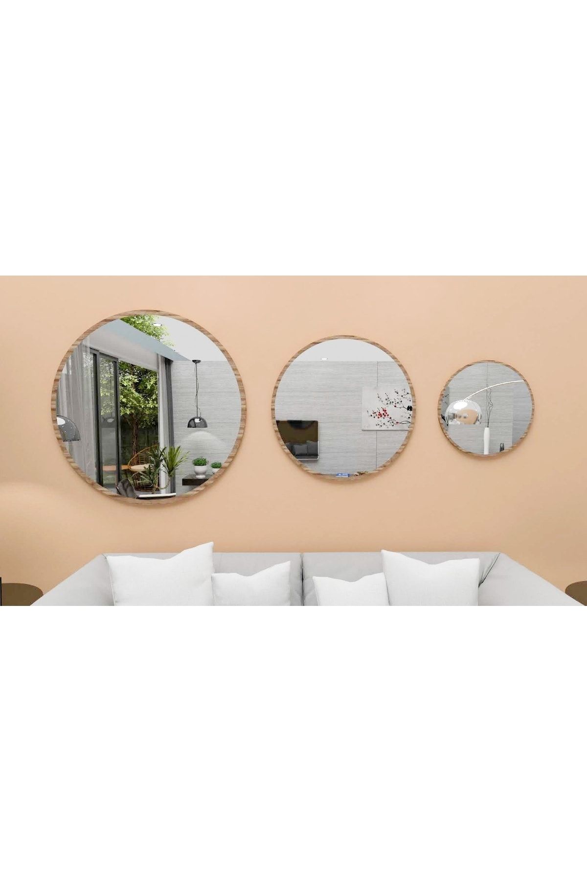 KLT Modüler Ayna Dekoratif 3 Lü Yuvarlak Ayna Kemençe Ceviz Banyo Salon Antre Hol Mutfak Duvar Ofis Banyo