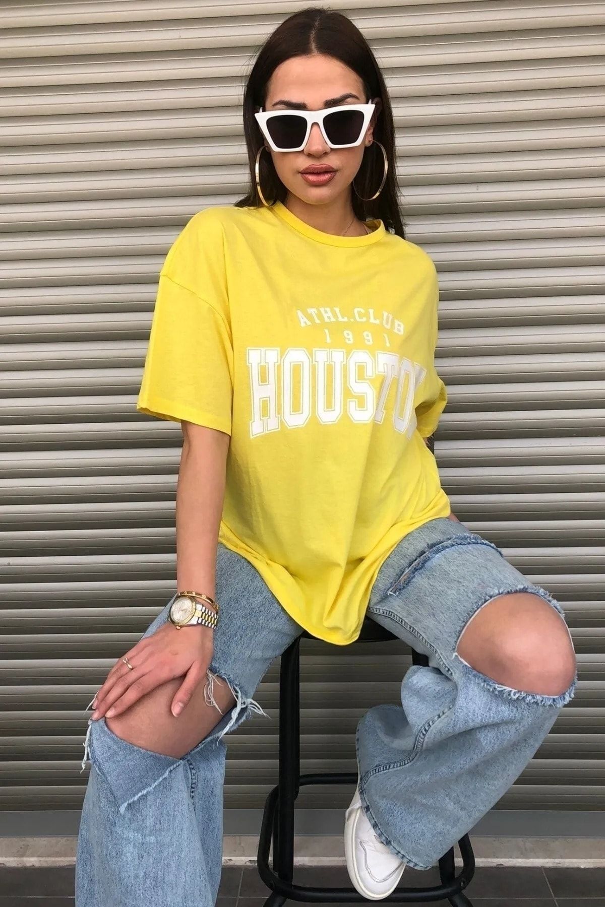 Mambo Kadın Sarı Houston Yazı Baskılı Oversize T-shirt