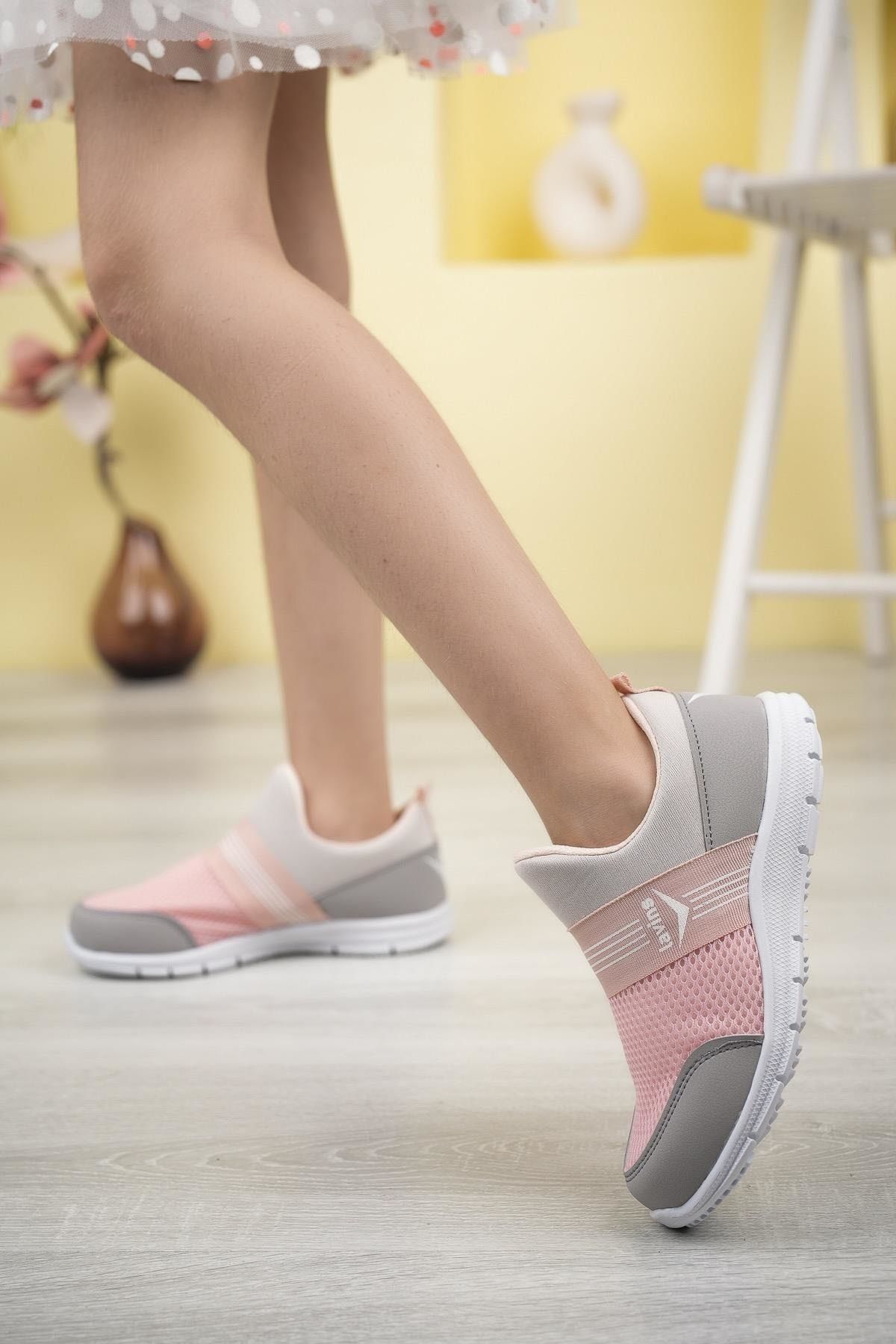 BOUIS Çocuk Kız Pembe Bağcıksız Rahat Esnek Fileli Günlük Sneaker Spor Ayakkabı