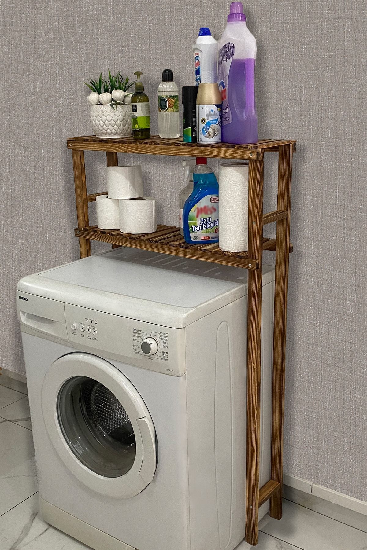 webotto 8 Çamaşır Makinesi Üstü Düzenleyici Ahşap Banyo 2 Raflı Banyo Rafı Mob176