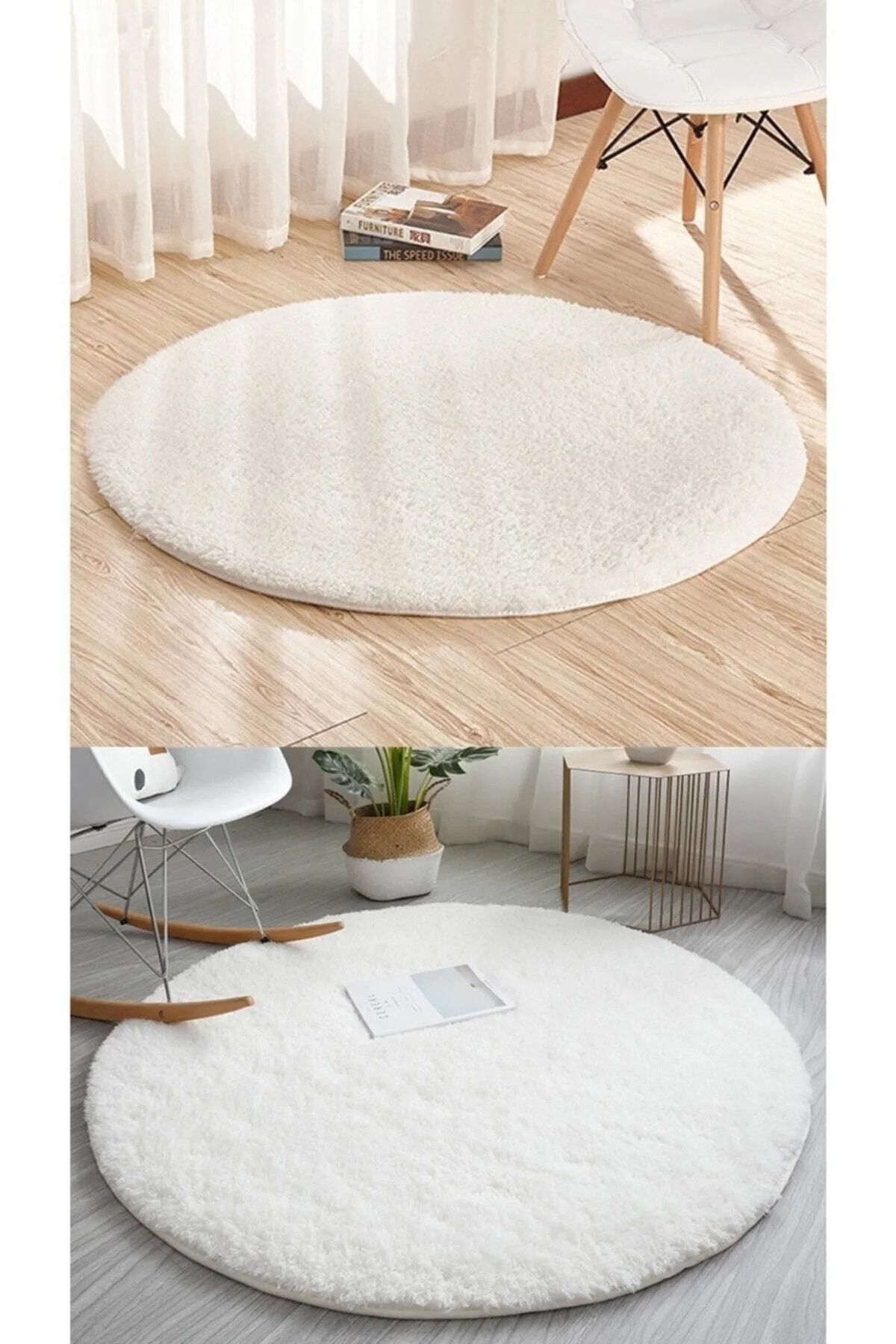Raschel Carpet Carpet Yıkanabilir Kaymaz Taban Yuvarlak Peluş Halı Beyaz