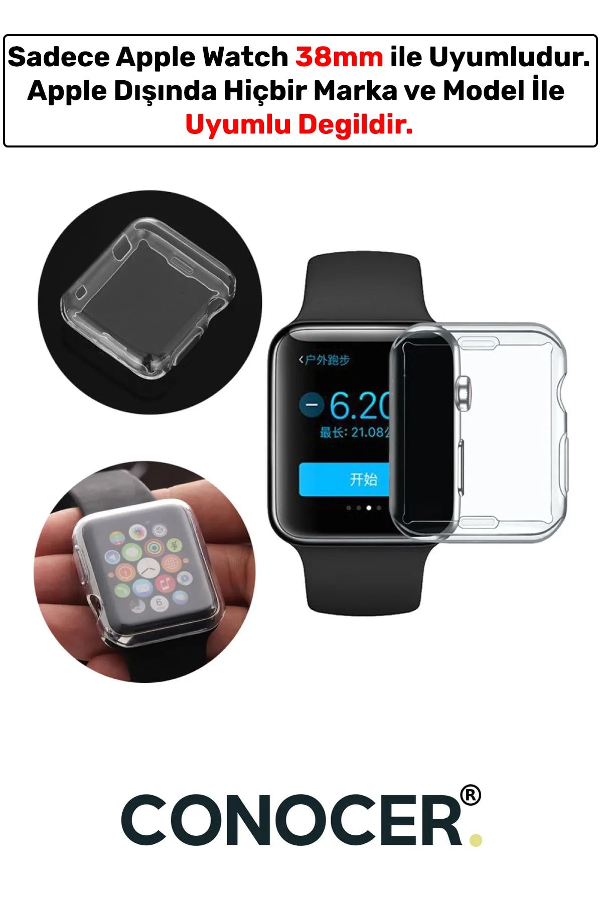CONOCER Apple Watch 1 2-3-4-5-6-se Serisi (38MM) 360 Tam Koruma Şeffaf Silikon Kılıf Yüksek Kalite