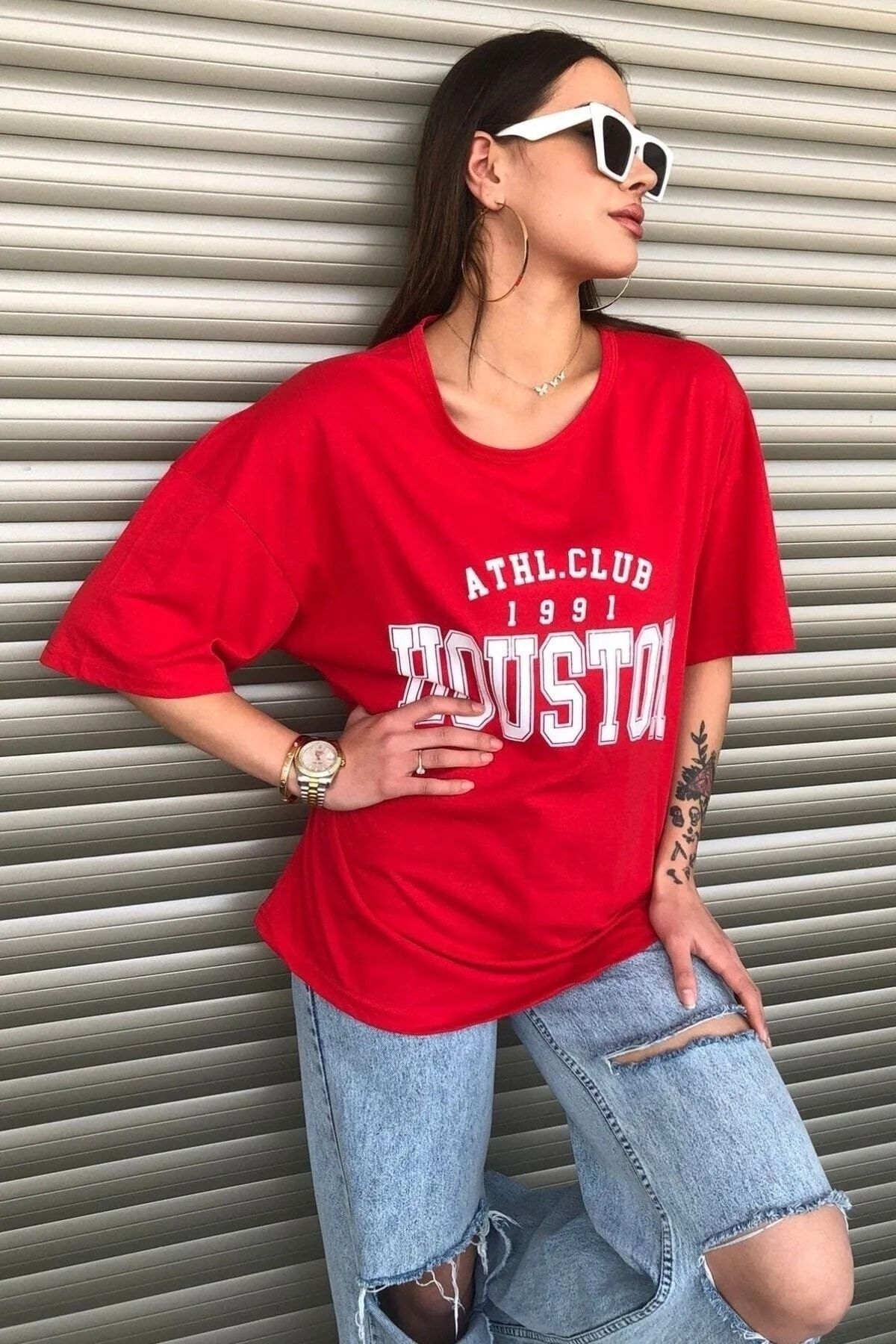 mercoledi Houston Baskılı Kadın Oversize Kırmızı Salas T-shirt Boyfriend