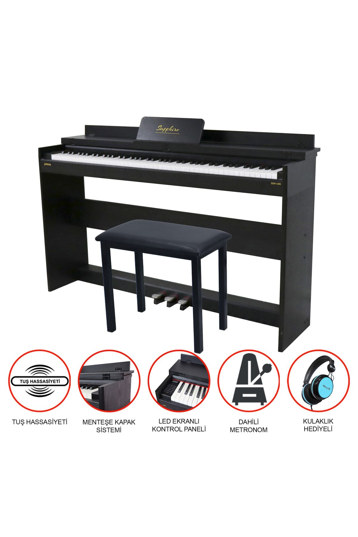 JWIN Sapphire Sdp-140b Çekiç Aksiyonlu Dijital Piyano - Siyah Tabure Ve Kulaklık