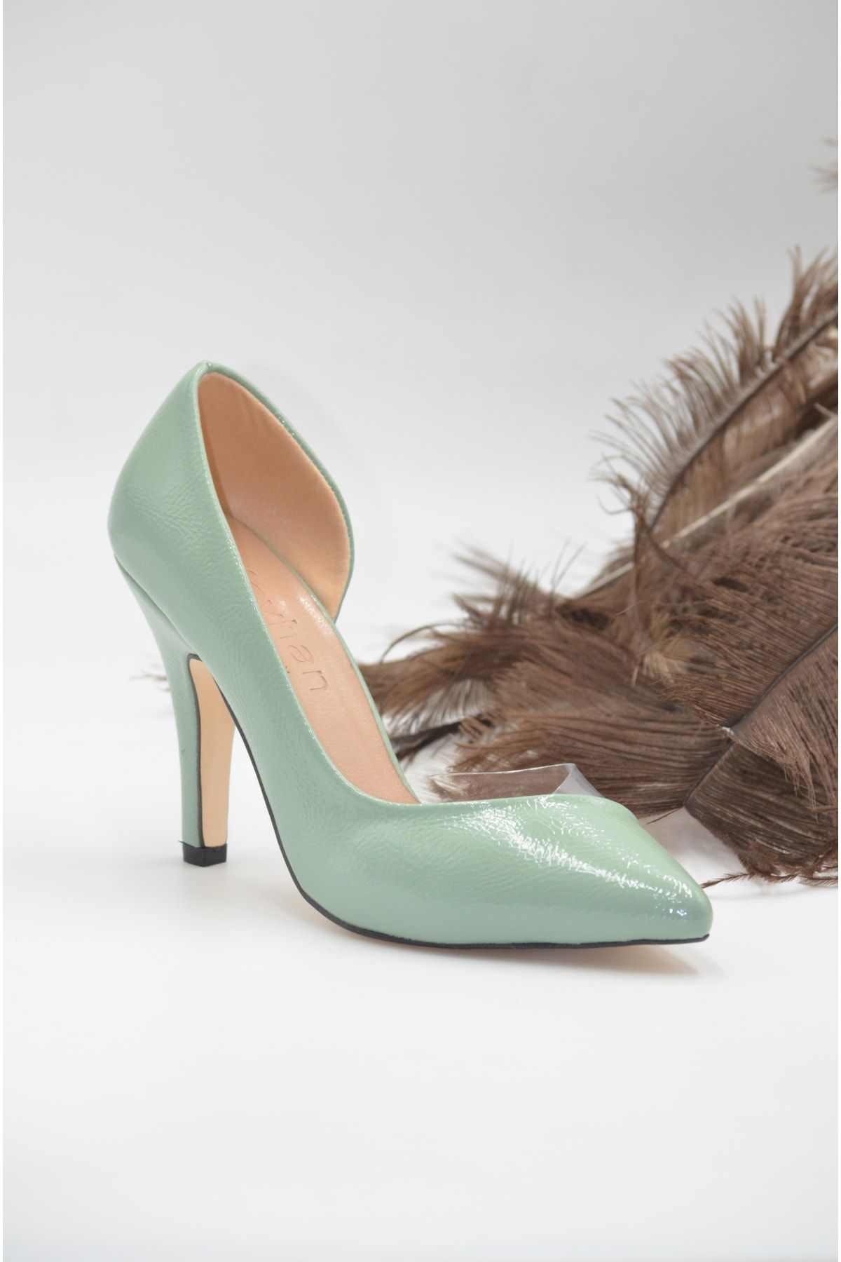 KunduraHane Su Yeşili Rugan Şeffaf Detaylı Kadın Topuklu Ayakkabı Stiletto
