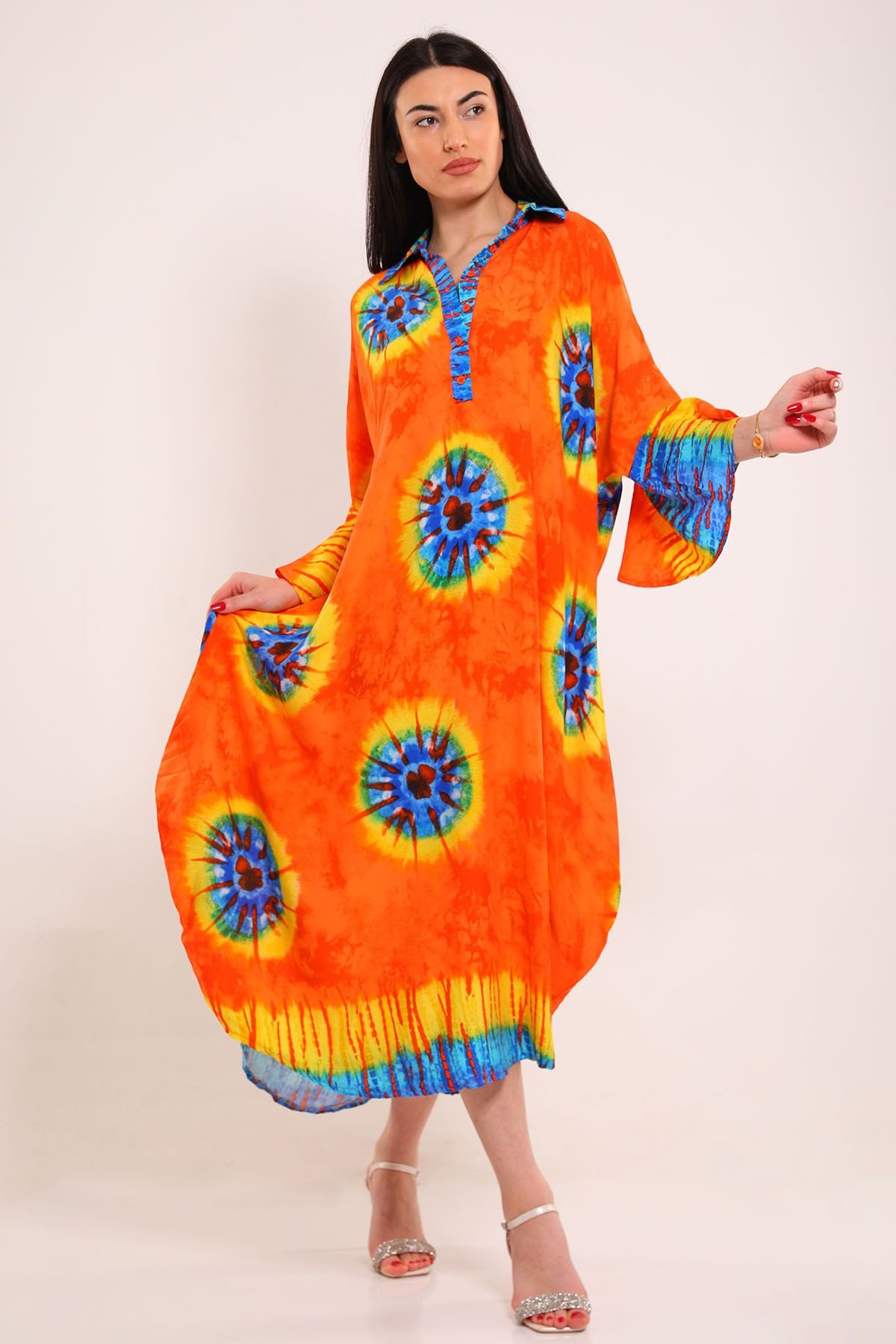 GÜLSELİ Orange Kadın Düğmeli Oversize Desenli Elbise