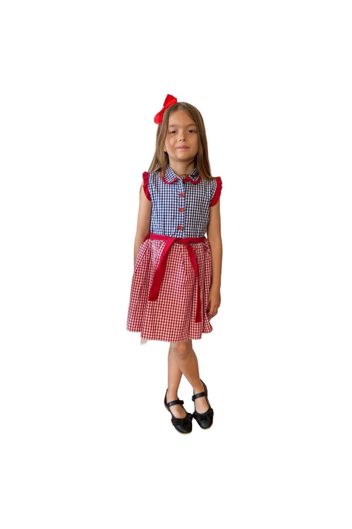 Hilal Akıncı Kids Kız Çocuk Kırmızı Lacivert Kareli Elbise