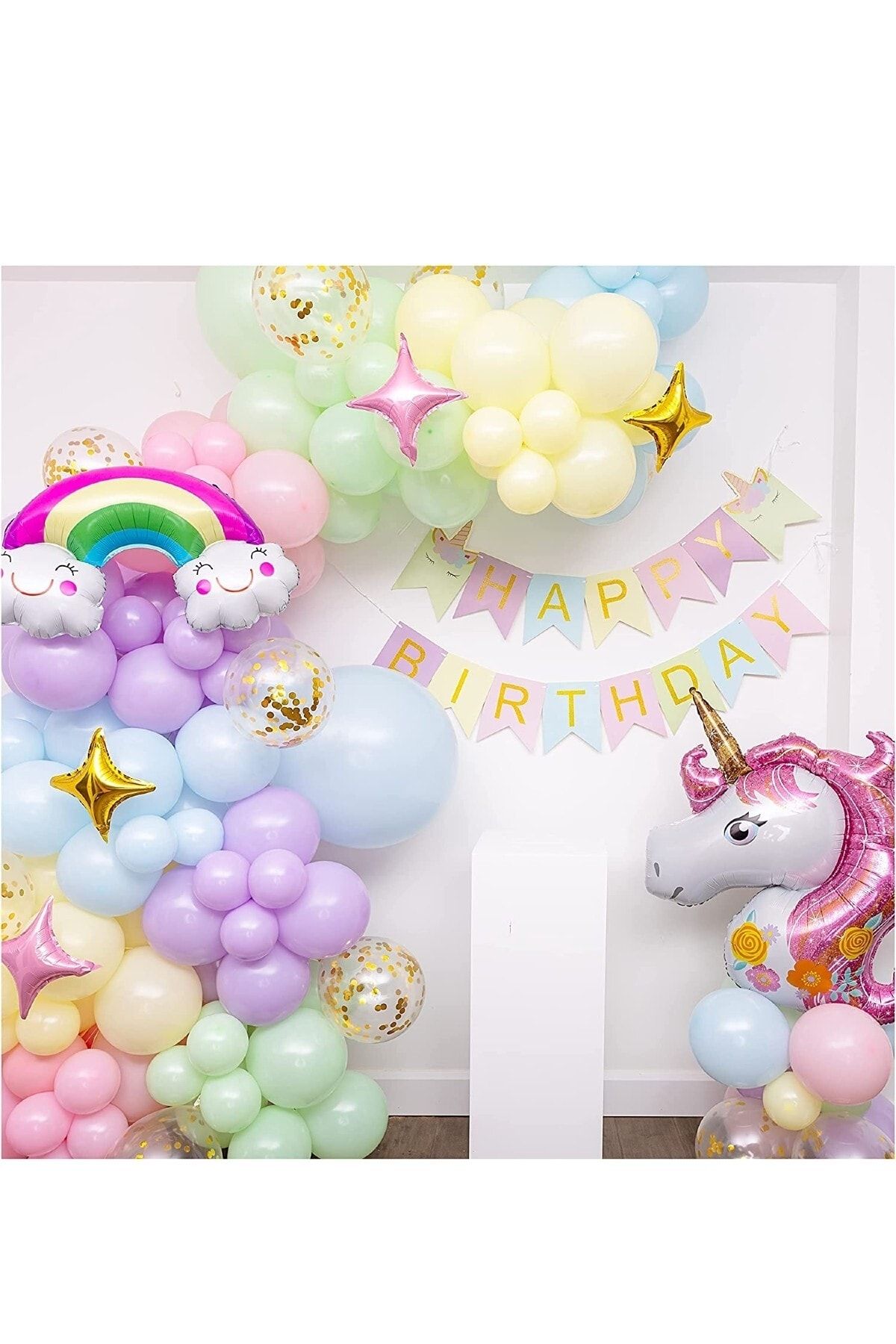 Bkmc Unicorn Temalı Gökkuşağı Konsepti Makaron Balon Doğum Günü Parti Kutlama Seti Doğum Günü Süsü