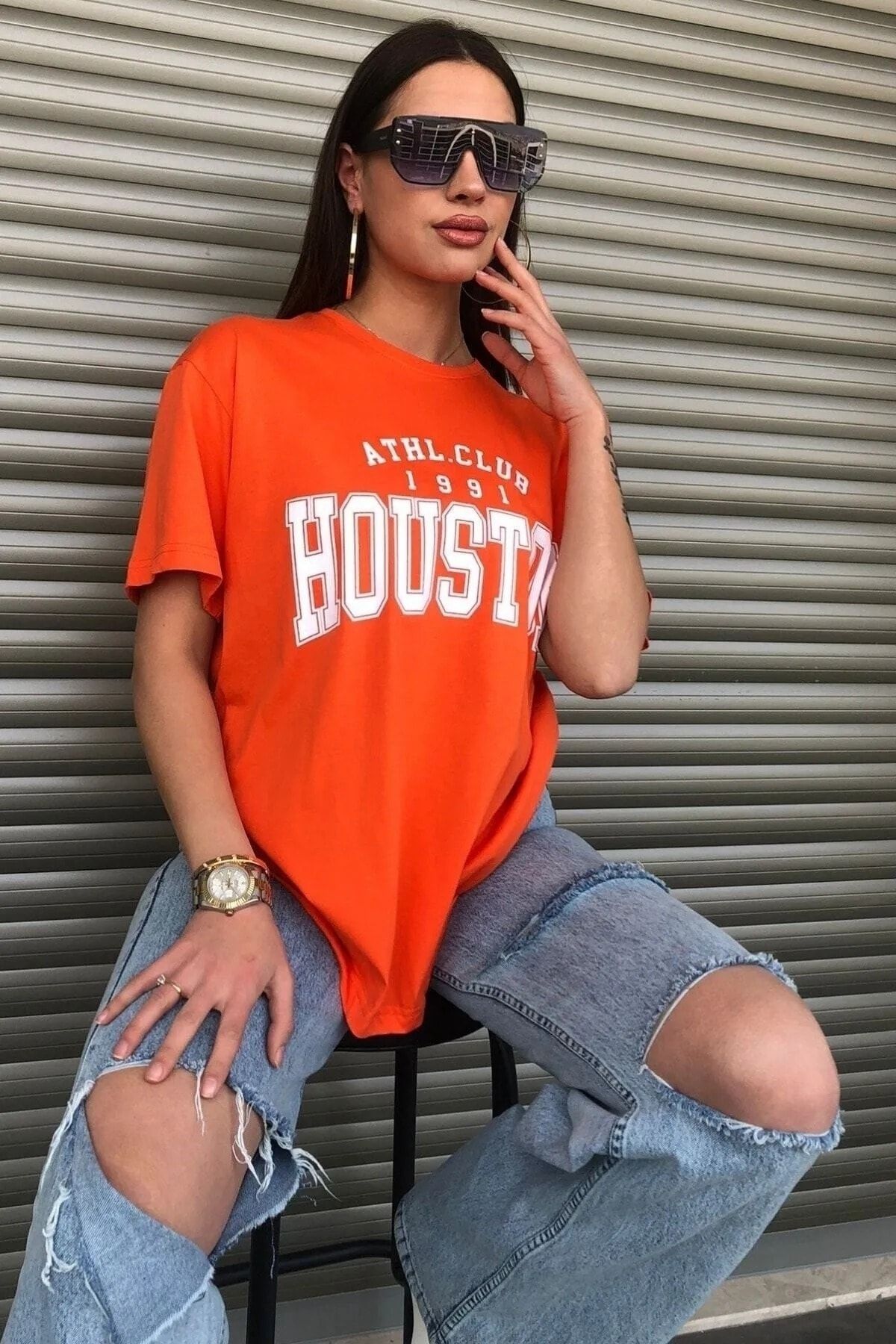 mercoledi Houston Baskılı Kadın Oversize Turuncu Salas T-shirt Boyfriend