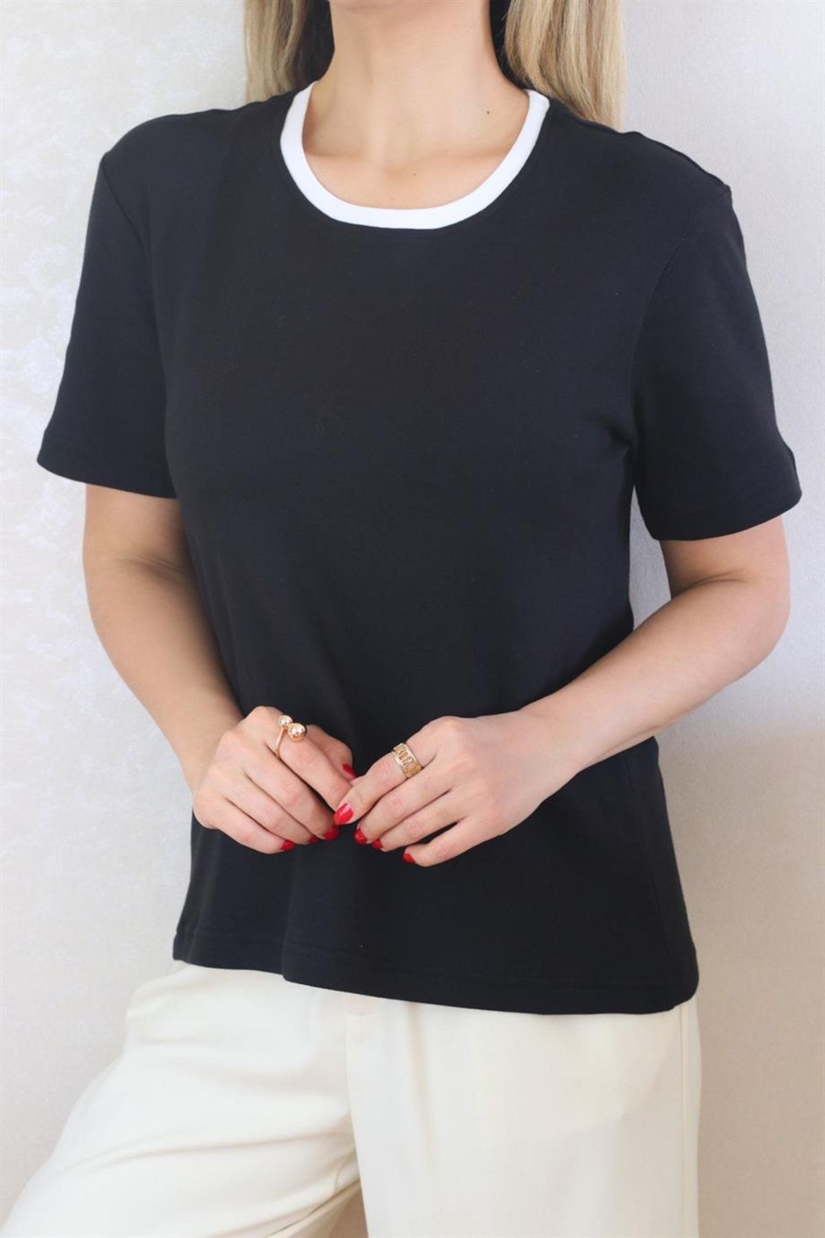 Ritnice Kadın Siyah Premium Yakası Fitilli %100 Pamuk Çift Renk T-shirt