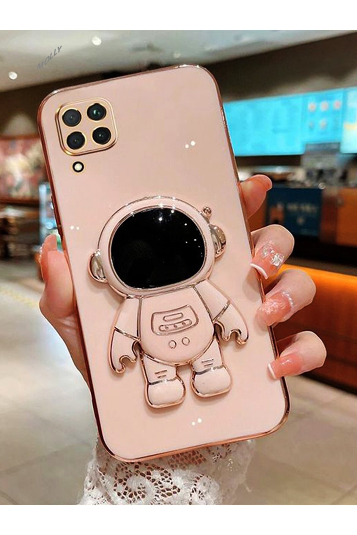 Molly Technology Huawei P40 Lite Için Rose Astronot Standlı Kenarları Gold Detaylı Lüks Silikon Kılıf