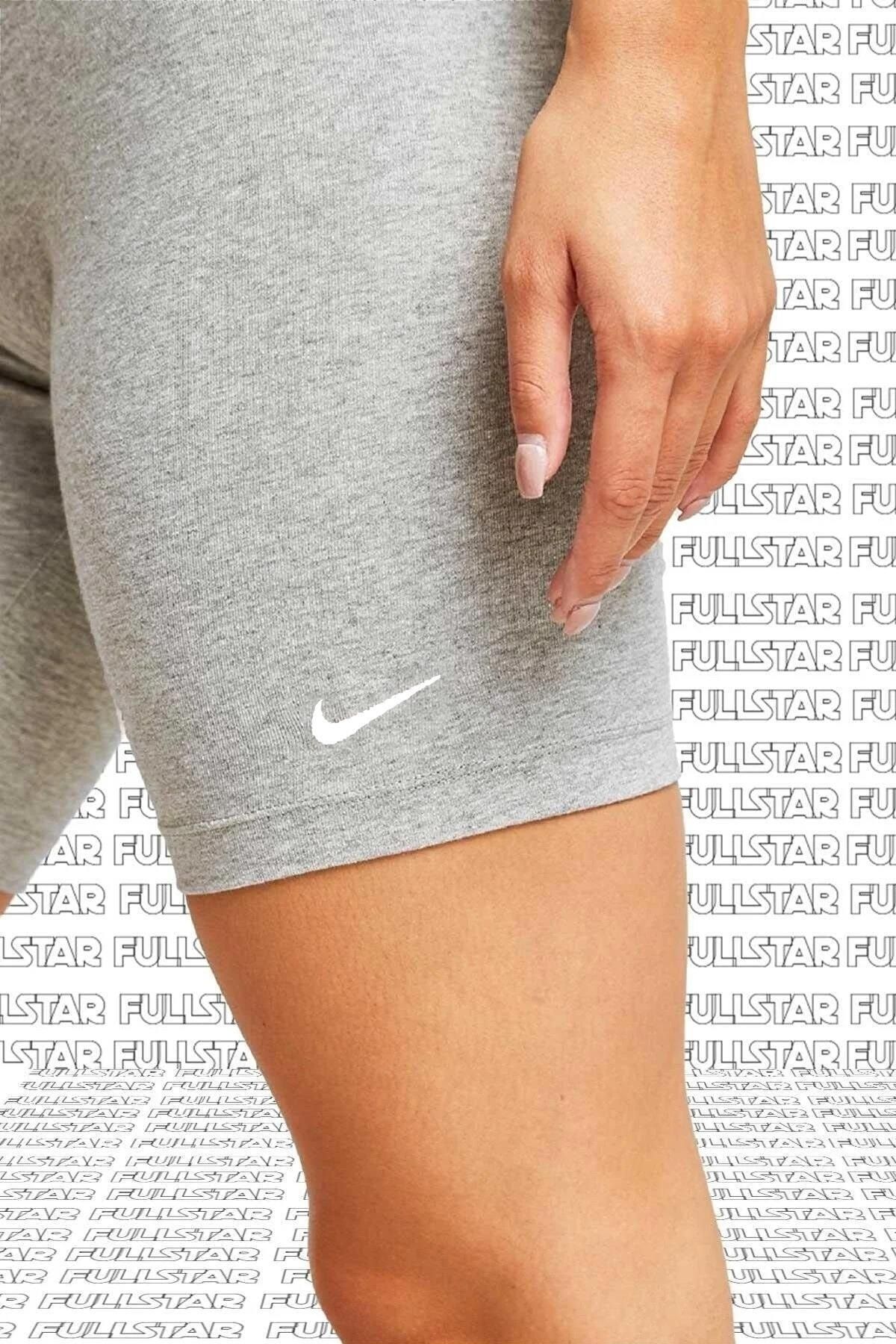Nike Sportswear Essential Shorts Pamuk Polyester Yüksek Belli Biker Şort Tayt Gri Beyaz Swoosh