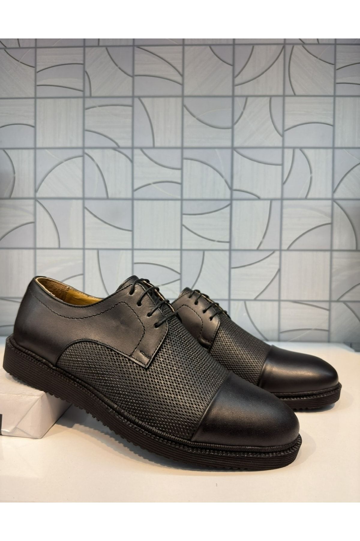 Anıl Ayakkabı Ayalp 1495 Erkek Siyah Hakiki Deri Baskı Detay Bağcıklı Rahat Hafif Casual Klasik Ayakkabısı