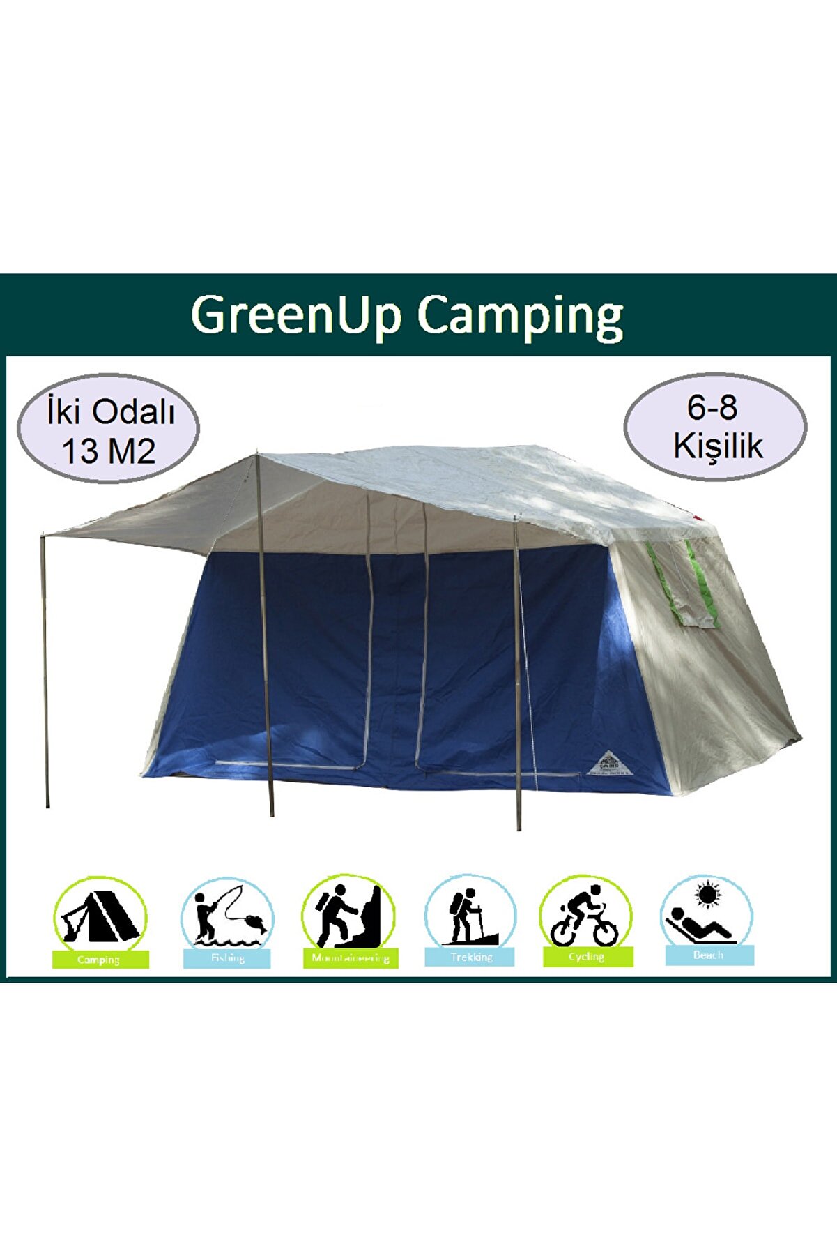 GreenUp Camping Iki Odalı Çadır Kamp Afet Balıkçılık Trekking Çadırı 13 M2 Çadır Kolay Kurulum