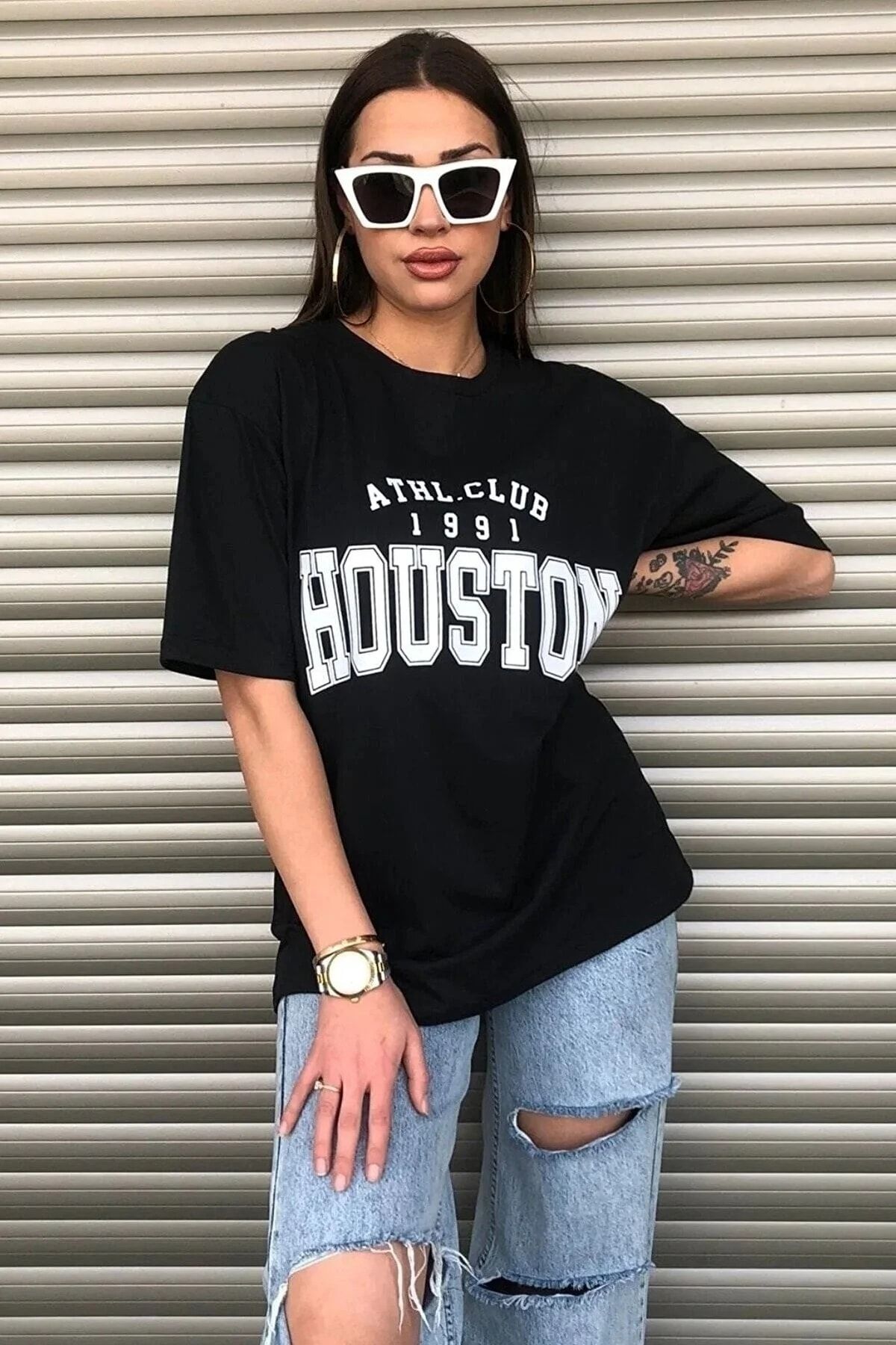 mercoledi Houston Baskılı Kadın Salas Oversize Siyah T-shirt Boyfriend
