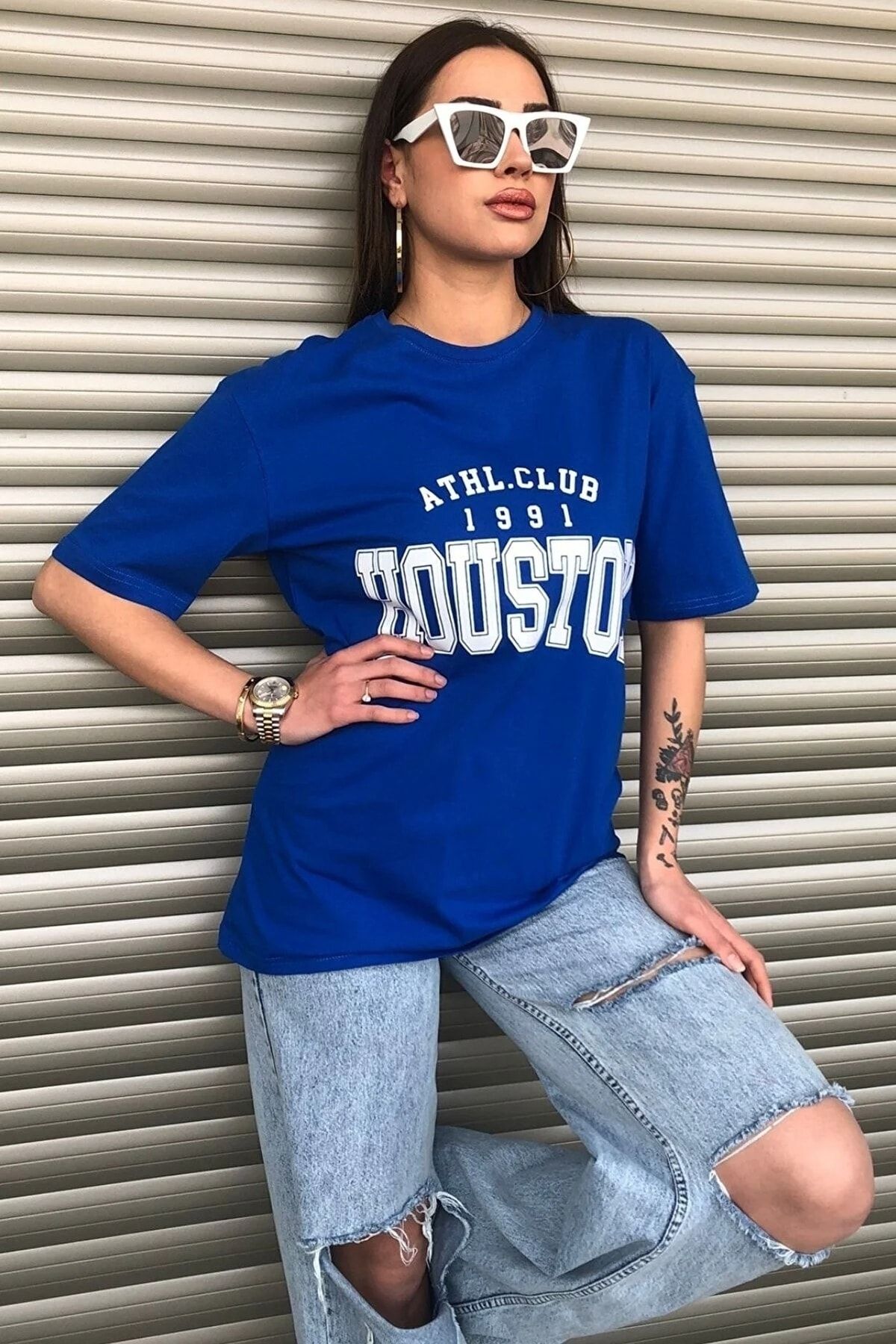 mercoledi Houston Baskılı Kadın Oversize Saks Mavi Salas T-shirt Boyfriend