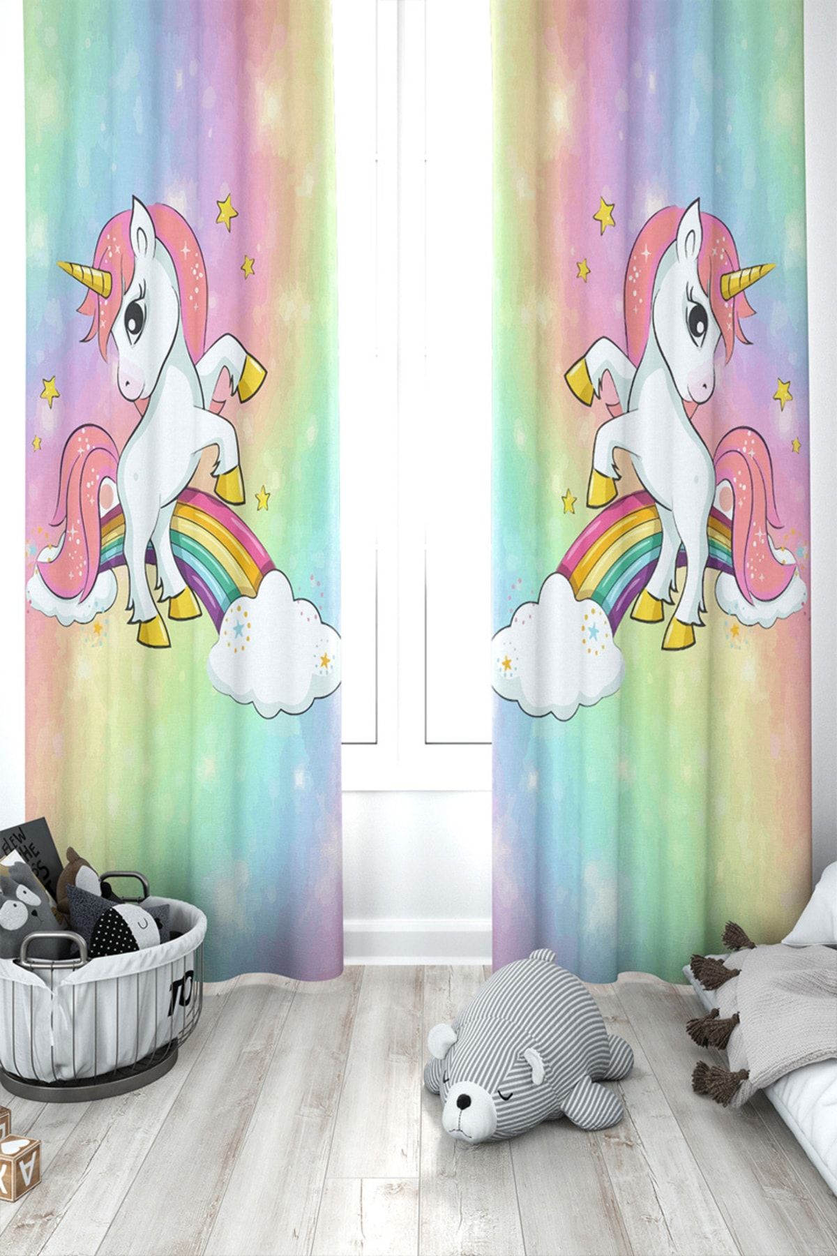 Ziu Kids Gökkuşağı Renkli Unicorn Desenli Kız&erkek Çocuk Odası Perdesi